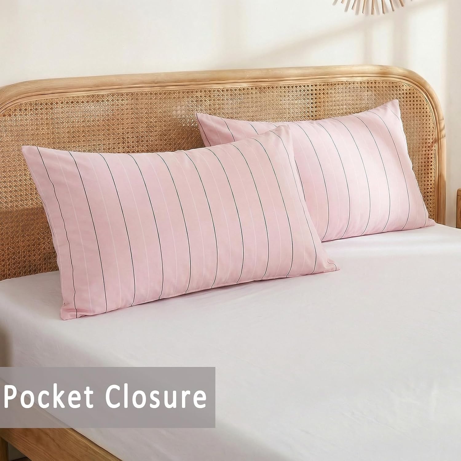 Merryword Pink Striped Pillowcases, 100% Cotton Pillow Cases, King Size Pillowcases, Soft Breathable Pinstripe Pillow Covers, Set of 2 Cott…