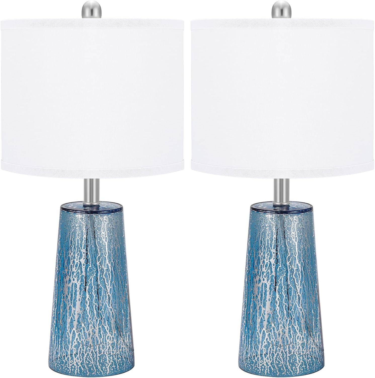 Modern Coastal Table Lamps 23” High Blue Silver Hand-Applied Mercury Tapered Column Glass Bedside Lamps, for Bedroom Living Room Home…