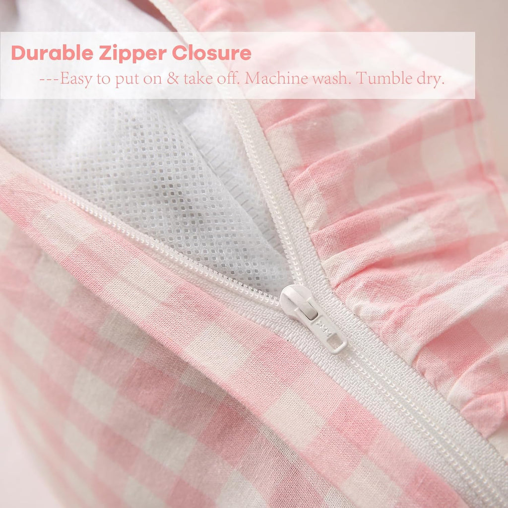 Kmasaniji 2 Pack Blush Gingham Ruffle Euro Pillow Sham Covers, 100% Washed Cotton Plaid Checkered Farmhouse Decorative Pillow Shams for Bed…