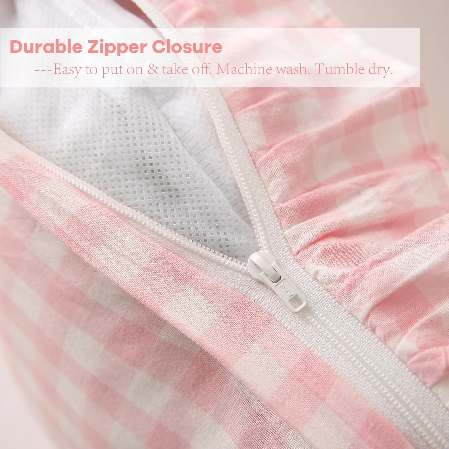 Kmasaniji 2 Pack Blush Gingham Ruffle Euro Pillow Sham Covers, 100% Washed Cotton Plaid Checkered Farmhouse Decorative Pillow Shams for Bed…