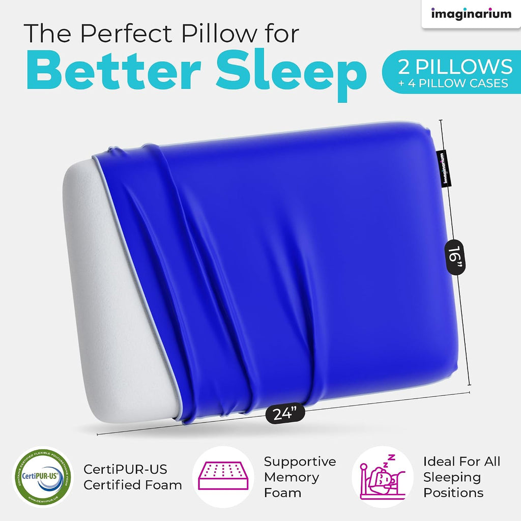 Imaginarium 2 Pack Memory Foam Pillows for Bed – 16" x 24" Standard – Fun Decorative Colorful Pillow for Sleeping – Back, Stomach & Side…