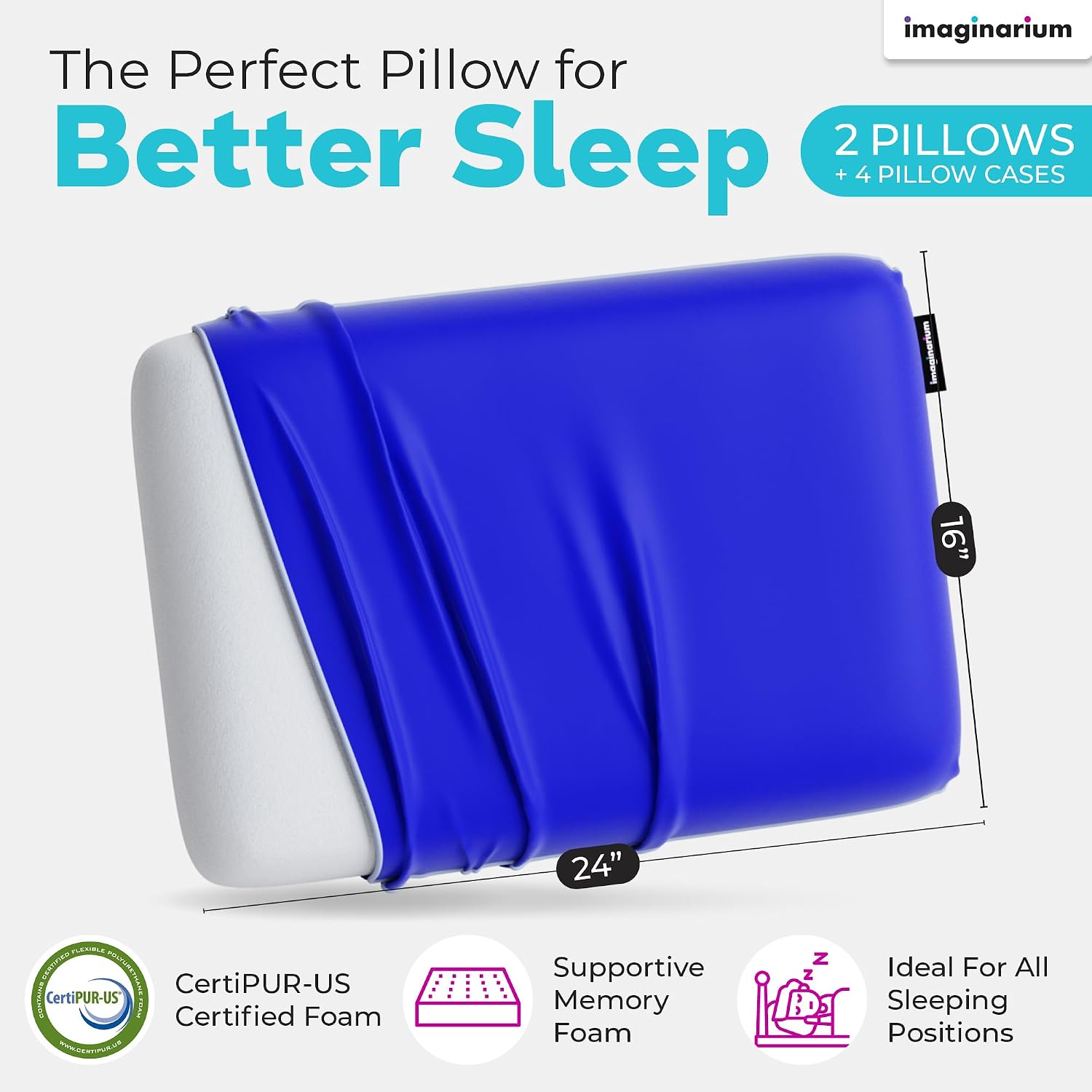 Imaginarium 2 Pack Memory Foam Pillows for Bed – 16" x 24" Standard – Fun Decorative Colorful Pillow for Sleeping – Back, Stomach & Side…