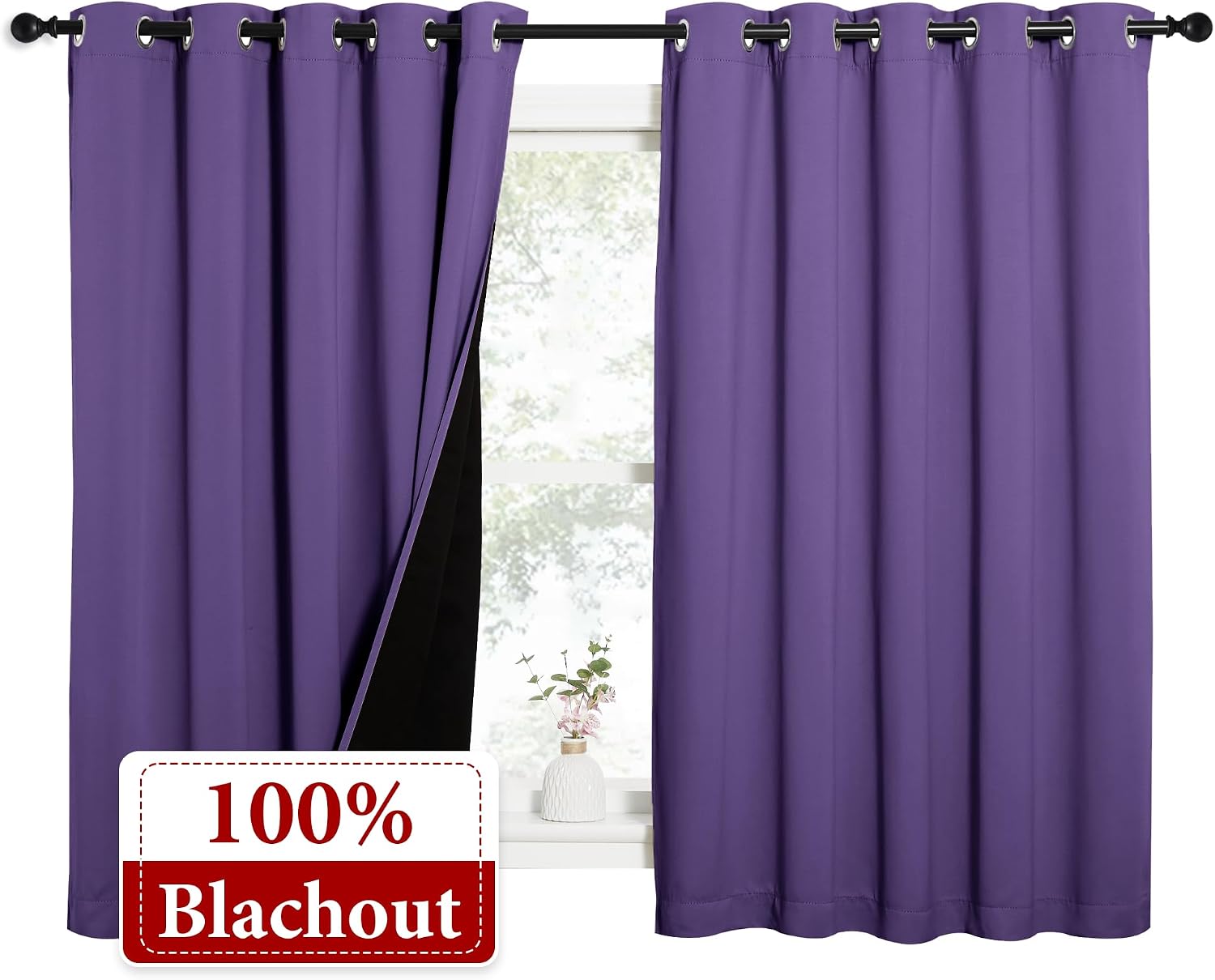 Nicetown 100% Blackout Curtains with Black Liners, Thermal Insulated Full Blackout 2-Layer Lined Drapes, Energy Efficiency Window Draperies…