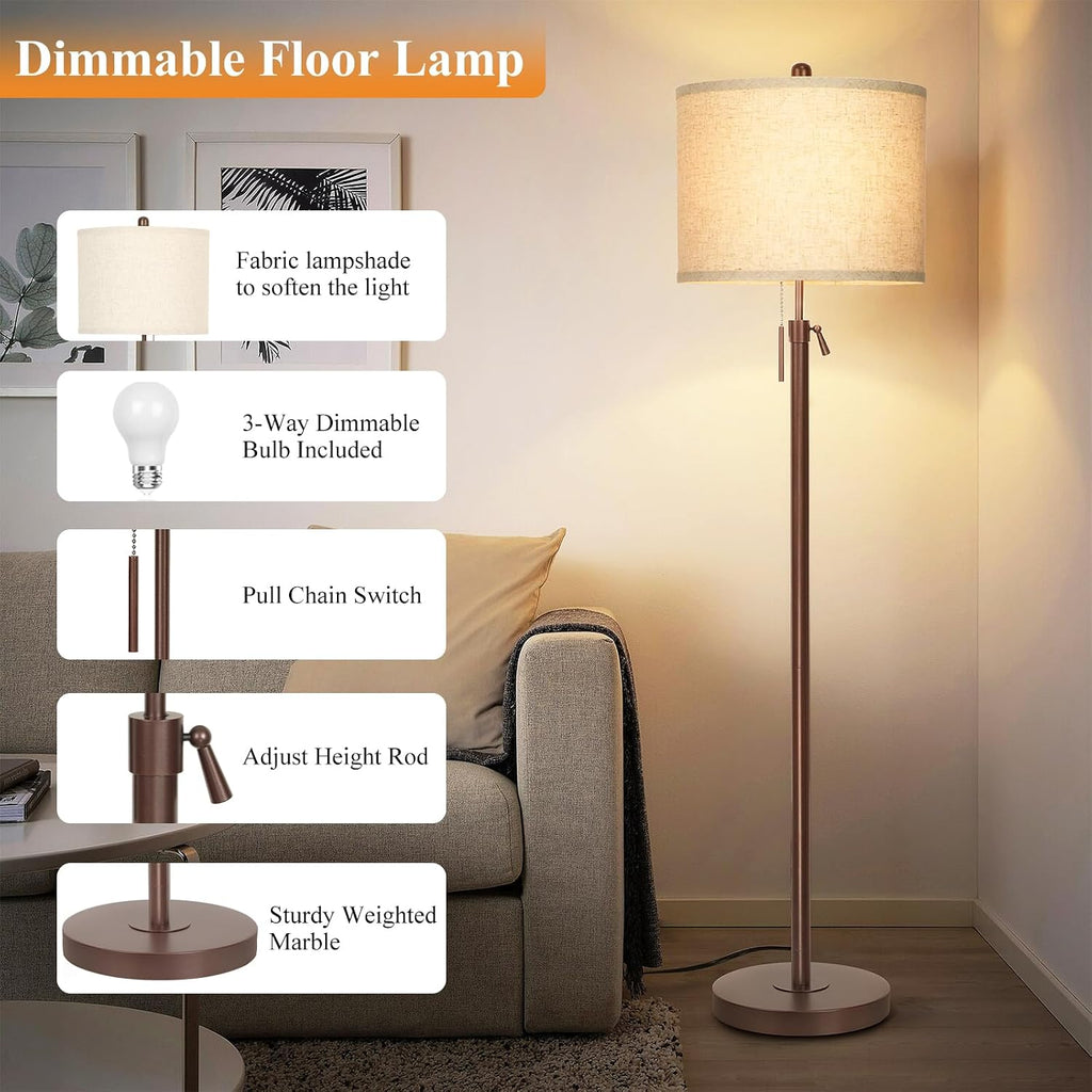 Qingmiao Metal Brown Floor Lamp for Living Room, Adjustable Height Standing Lamp, Pole Light for Bedroom, with Linen Shade and Metal…