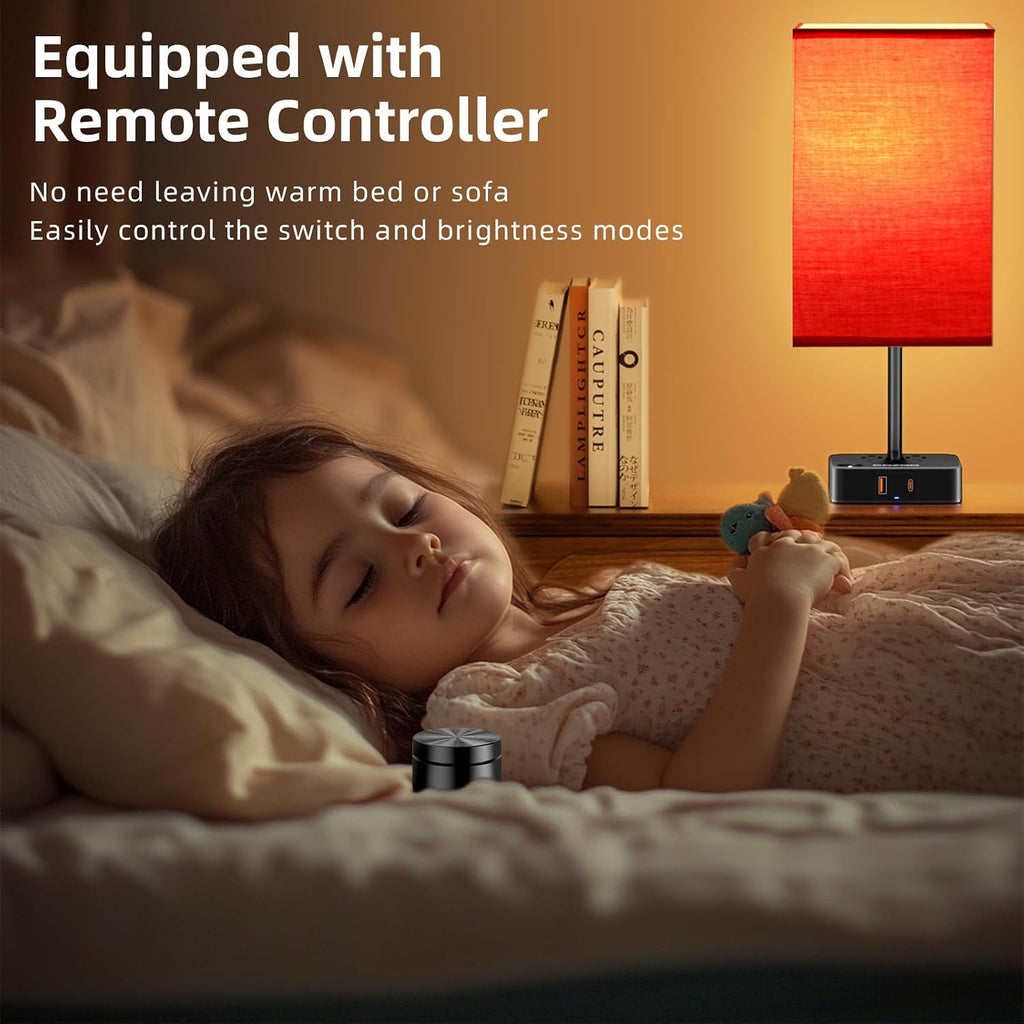 Bedroom Table Lamp with Remote Operation Control, Dimmable Bedside Table Desk Light with USB C+A Charging Ports 2 AC Outlets, Nightstand…