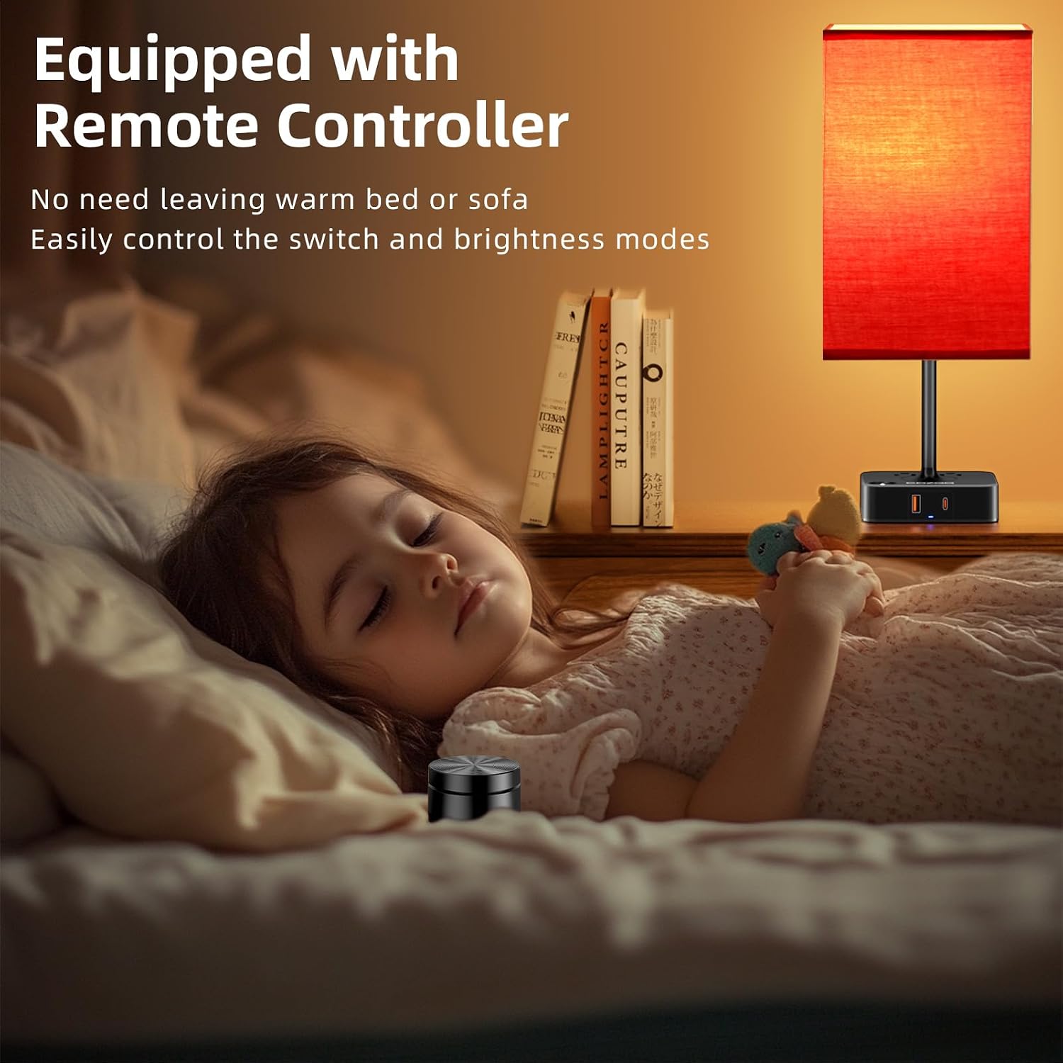 Bedroom Table Lamp with Remote Operation Control, Dimmable Bedside Table Desk Light with USB C+A Charging Ports 2 AC Outlets, Nightstand…