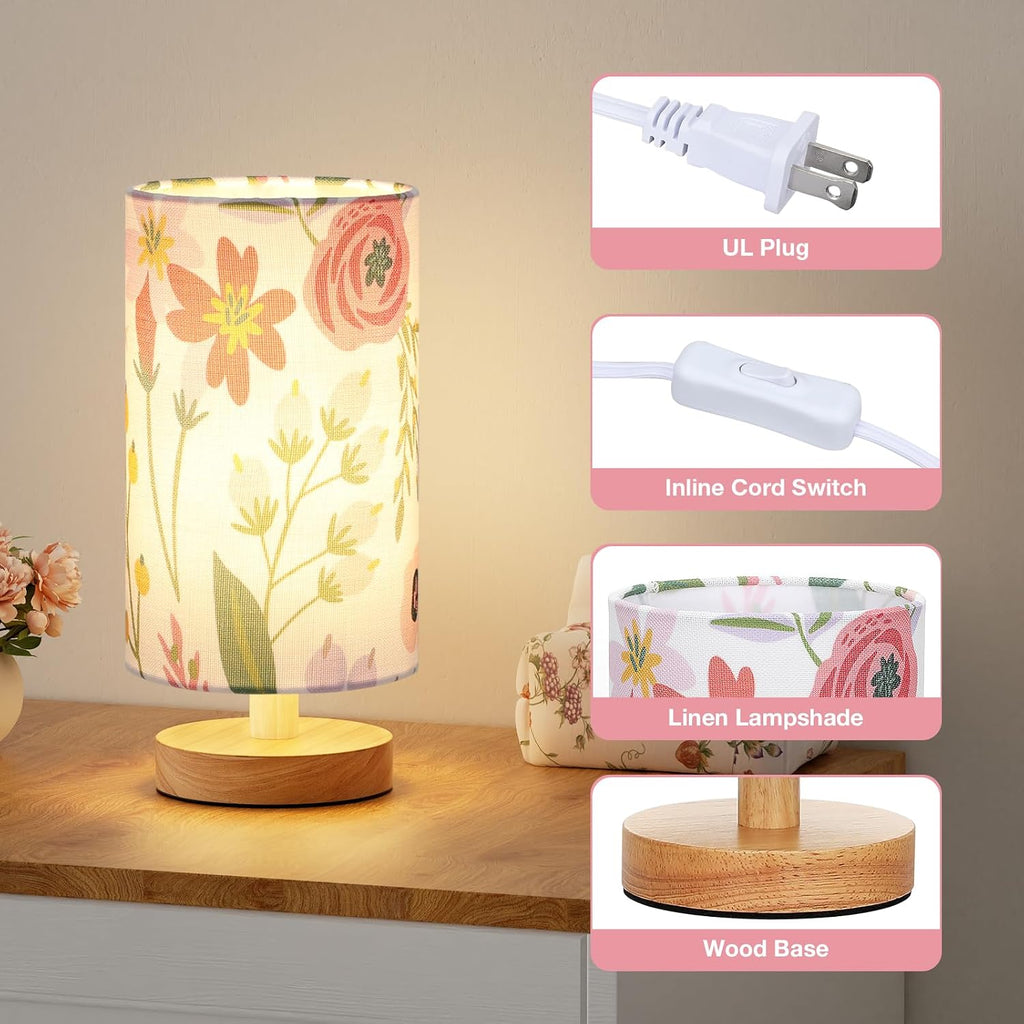 Fenmzee Floral Table Lamp for Bedroom - Inline Control, Small Bedside Lamp with 3000K A15 LED Blub, Easy Assembly (Floral White Shade, 9"…