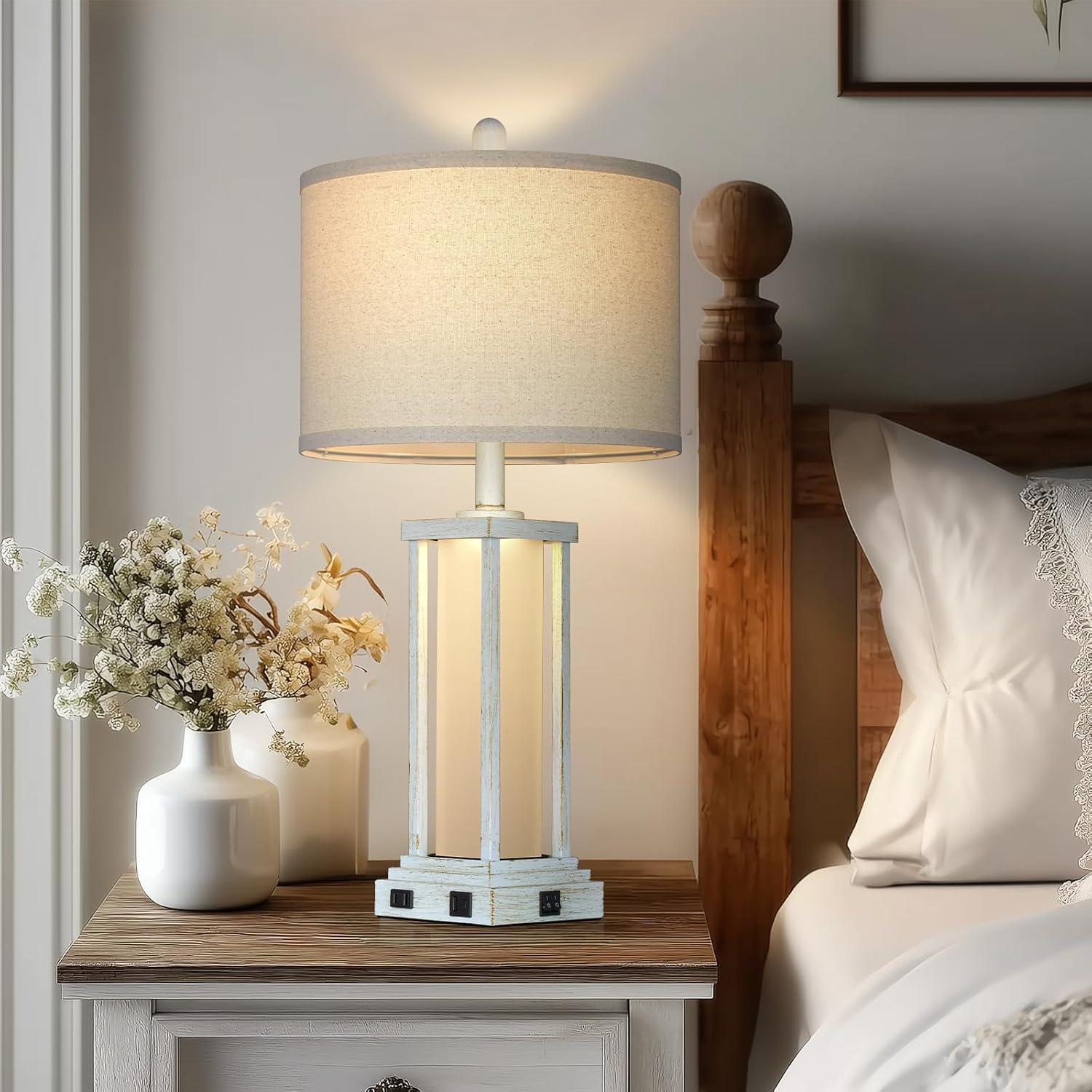 Cinkeda 27" Tall Vintage Table Lamp Set of 2 with USB C+A & Outlet, Nightstand Lamp for Living Room, Bedside Lamps with Frosted Glass Night…