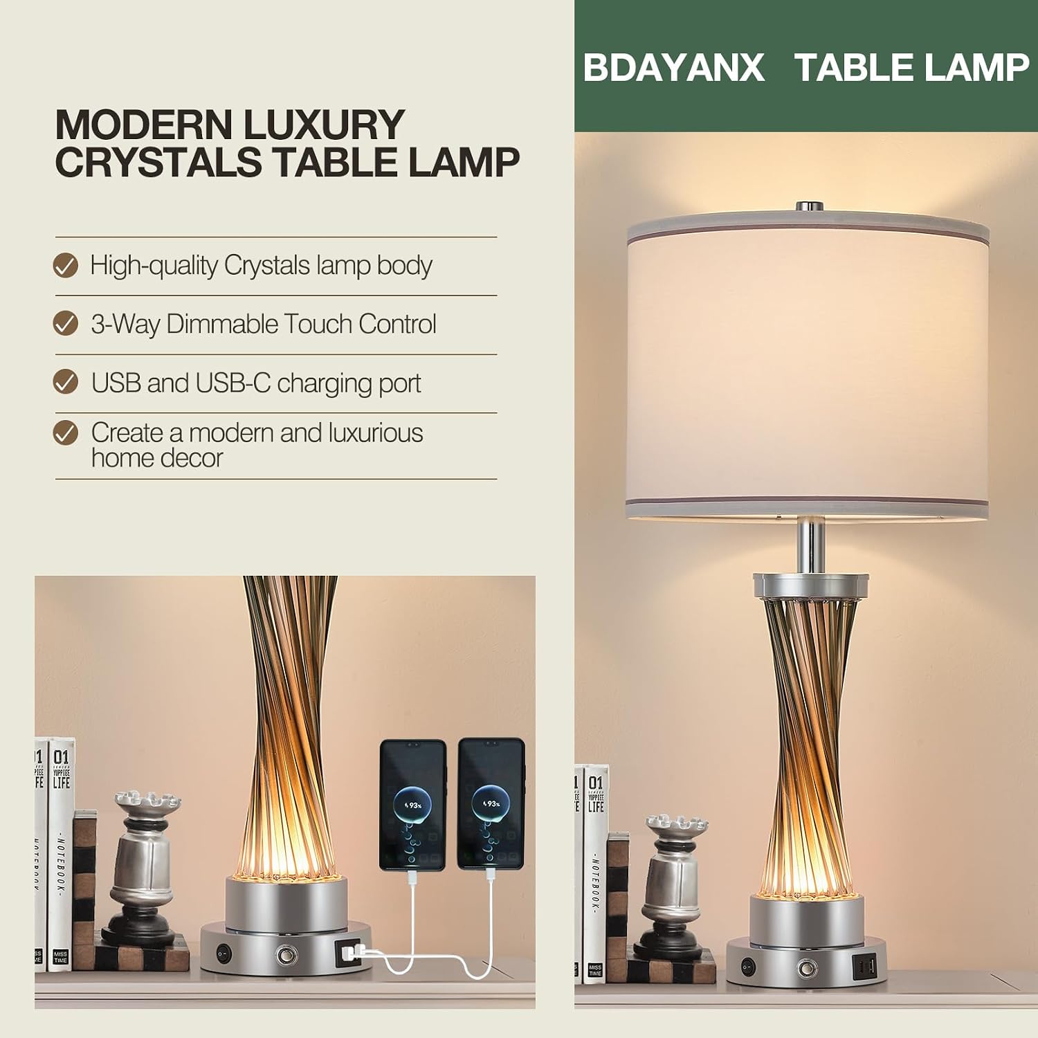 Illuminatingyoumeandhim 3-Way Dimmable Table Lamp Set of 2, Touch Control Lamp with Night Light, Modern Crystal Table Lamps for Bedroom, Livin…