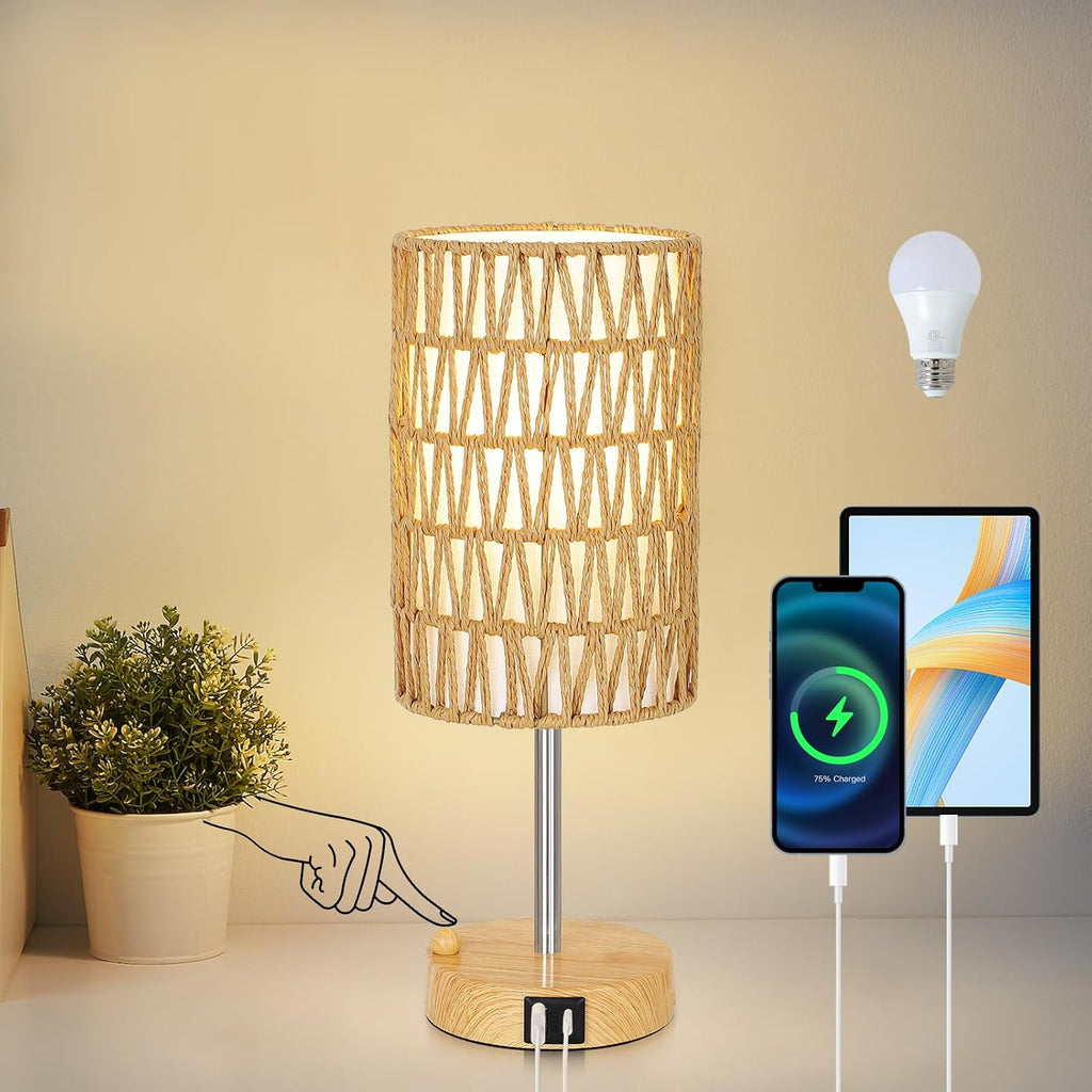 Boho Table Lamp for Bedroom with Bulb, Small Touch Control Table Lamp for Living Room with Rattan & Linen Shade, 3 Way Dimmable Bedside…