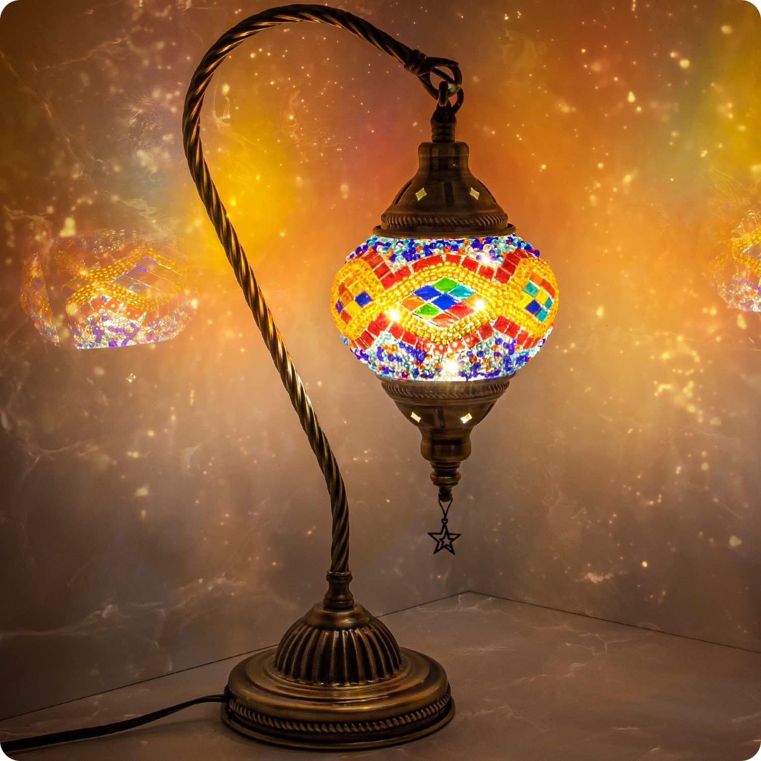 Yarra-Decor Turkish Moroccan Lamp with Bronze Base 3 Color Options Handmade Swan Neck Tiffany Mosaic Glass Bedside Lamps for Bedroom (LED…