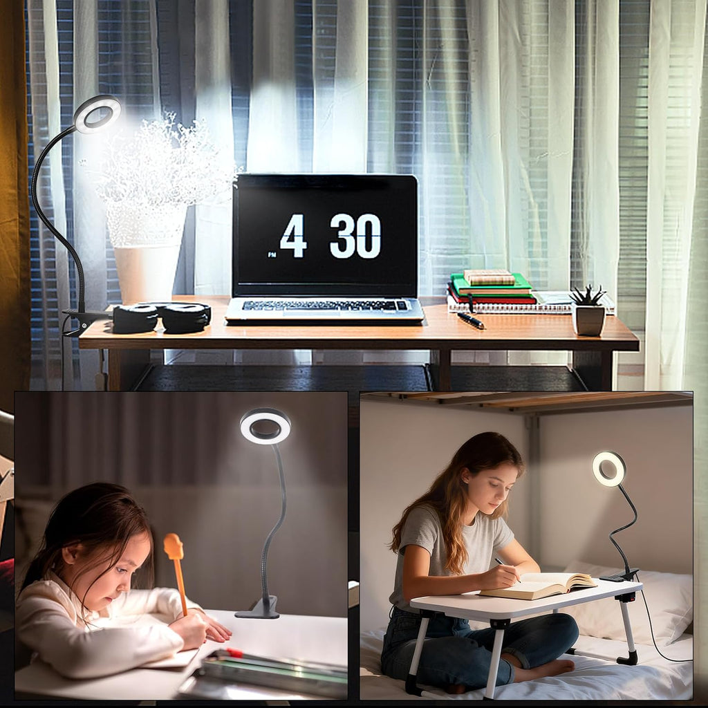 Woputne Desk Lamp Clip Light, 10 Dimmable Brightness 3 Light Modes Reading Light, Clamp Bedside Lamp for Painting, Craft, Study (Black)