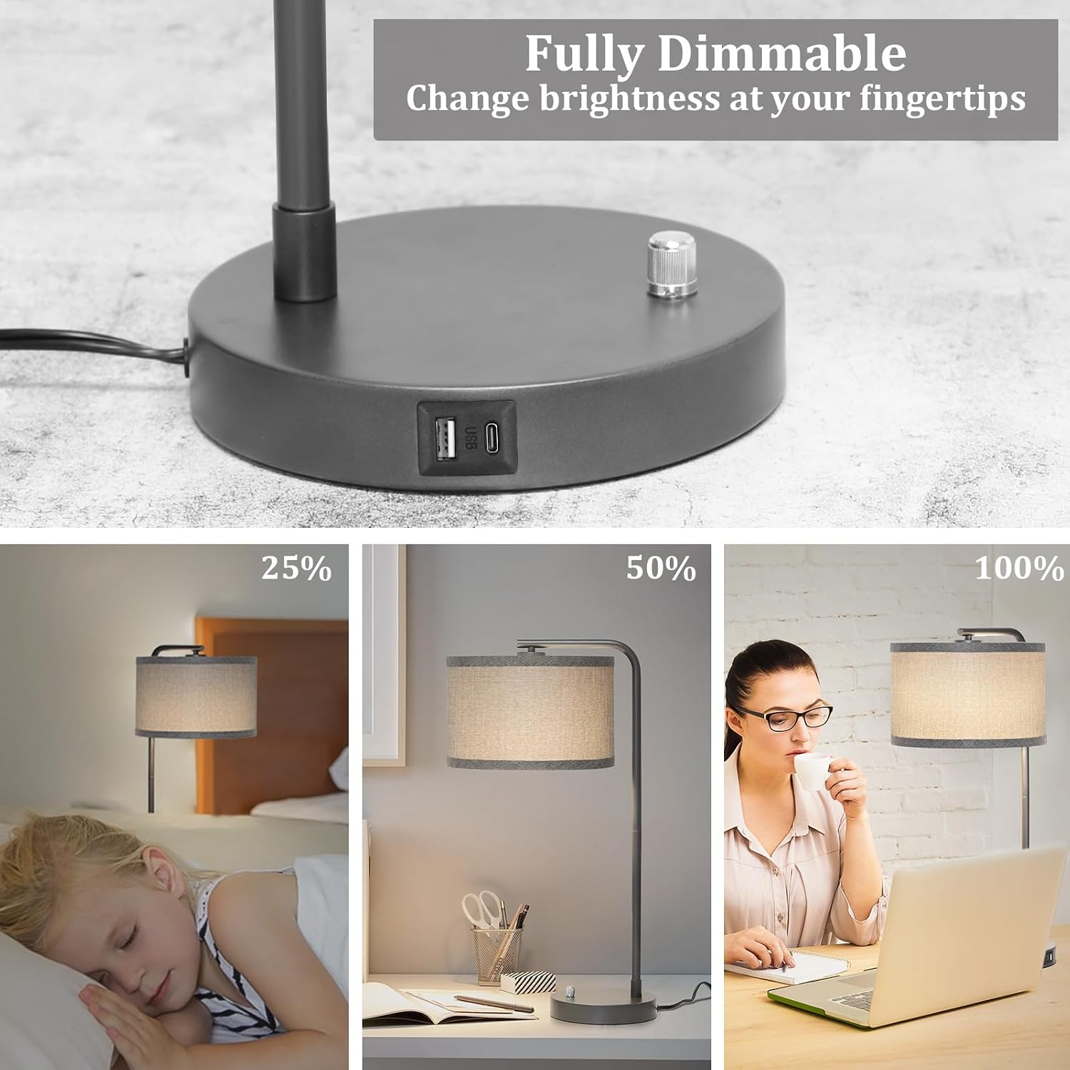 Gray Bedside Lamp with USB C+A Charging Ports, Fully Dimmable Modern Nightstand Lamp with Grey Fabric Shade, Tall Reading Lamp Desk Lamp…