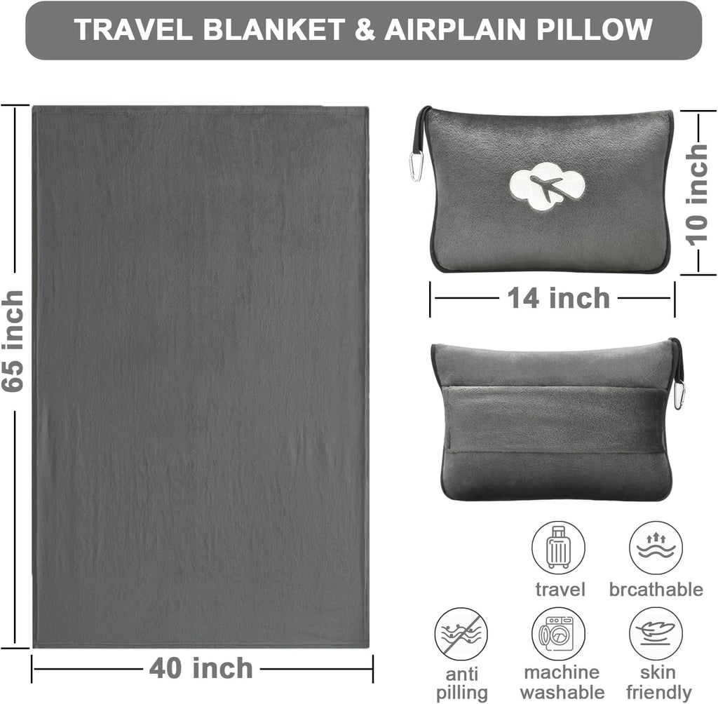 JungleStar Travel Blanket and Pillow Compact, Soft 2 in 1 Airplane Blanket with Soft Bag Pillowcase, Hand Luggage Sleeve and Backpack Clip (…