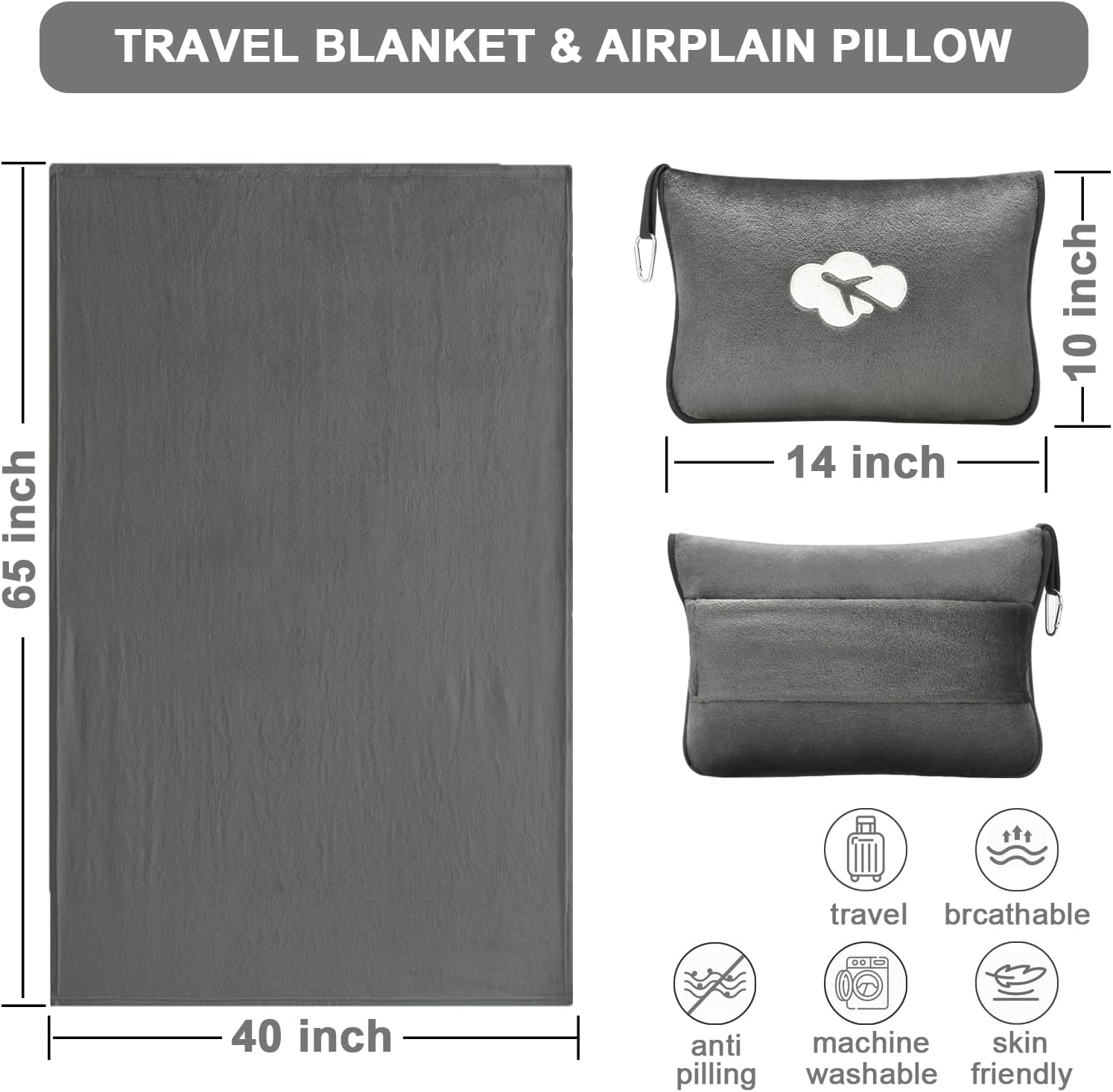 JungleStar Travel Blanket and Pillow Compact, Soft 2 in 1 Airplane Blanket with Soft Bag Pillowcase, Hand Luggage Sleeve and Backpack Clip (…