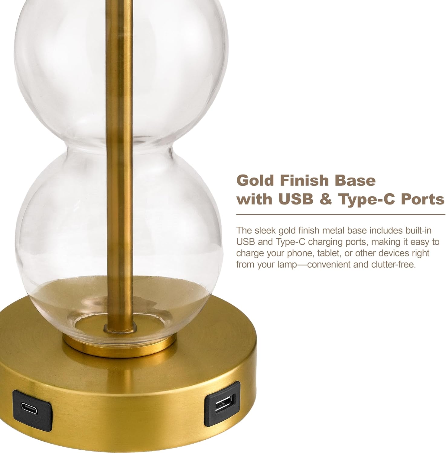 Oneach 25" Glass Table Lamps Set of 2, Gold Modern Table Lamps with USB Ports for Living Room, Linen Shade Bedside Lamps for Bedroom, Night…