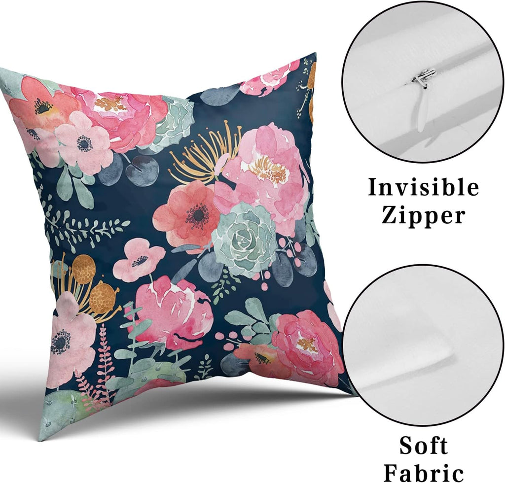 Granbey Watercolor Flower Throw Pillow Cover 24x24 Inch Pink Peony Floral with Green Leaf Decorative Pillow Cases Summer Navy Blue Cushion…