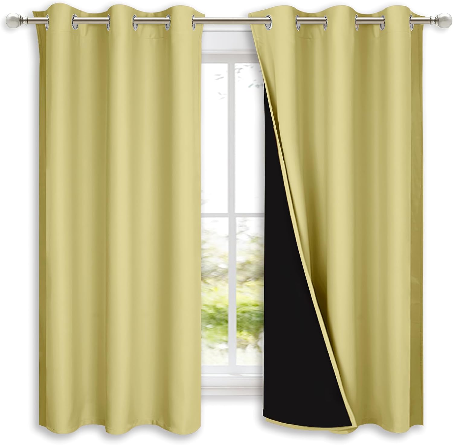 Nicetown 100% Blackout Curtains with Black Liners, Solid Thermal Insulated Full Blackout 2-Layer Lined Drapes, Energy Efficiency Window Dra…