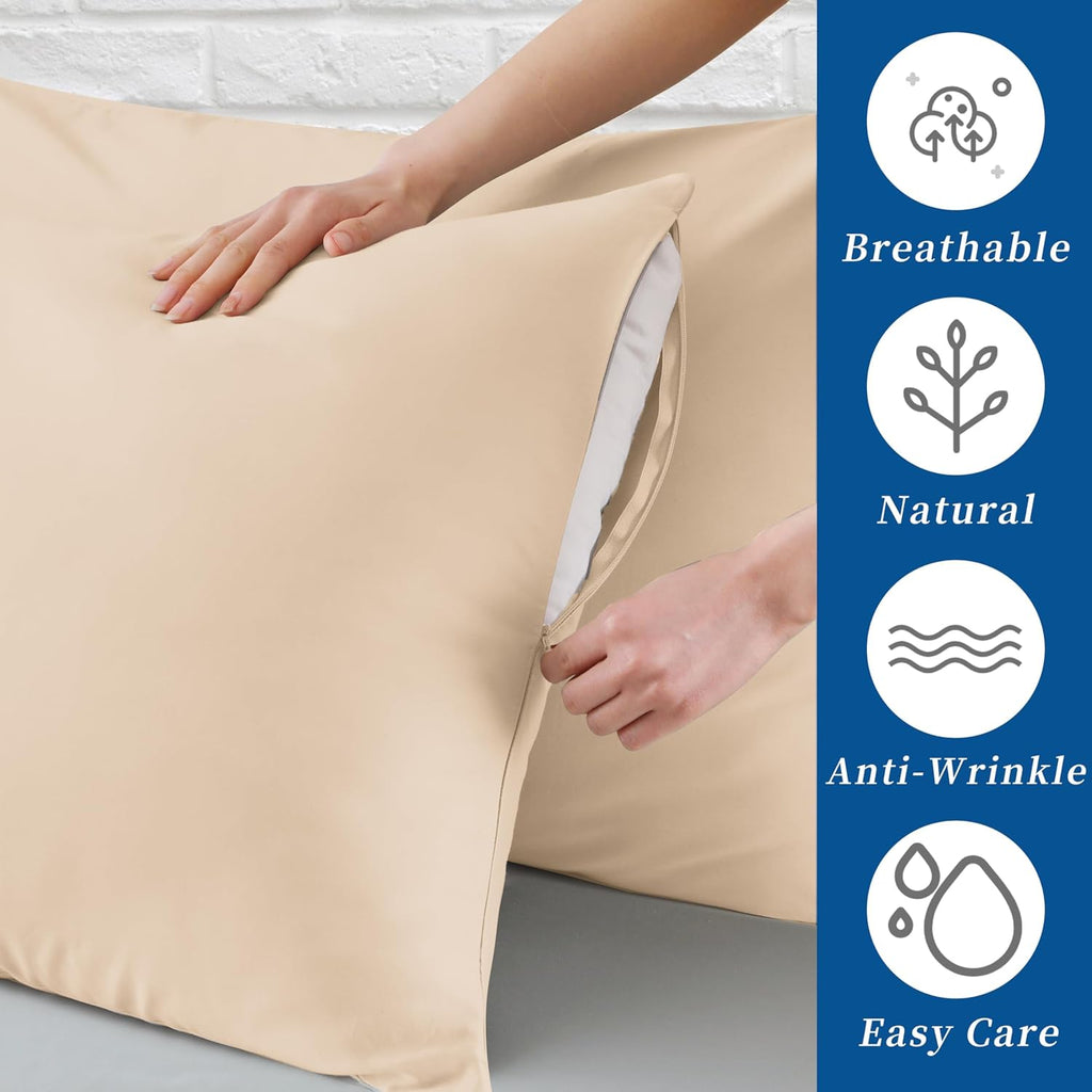 ZaizaiHome Pillow Cases Standard Size 4 Pcs,100% Egyptian Cotton 400 Thread Count Sateen Weave Beige Pillowcases Standard Size, Quality Pil…