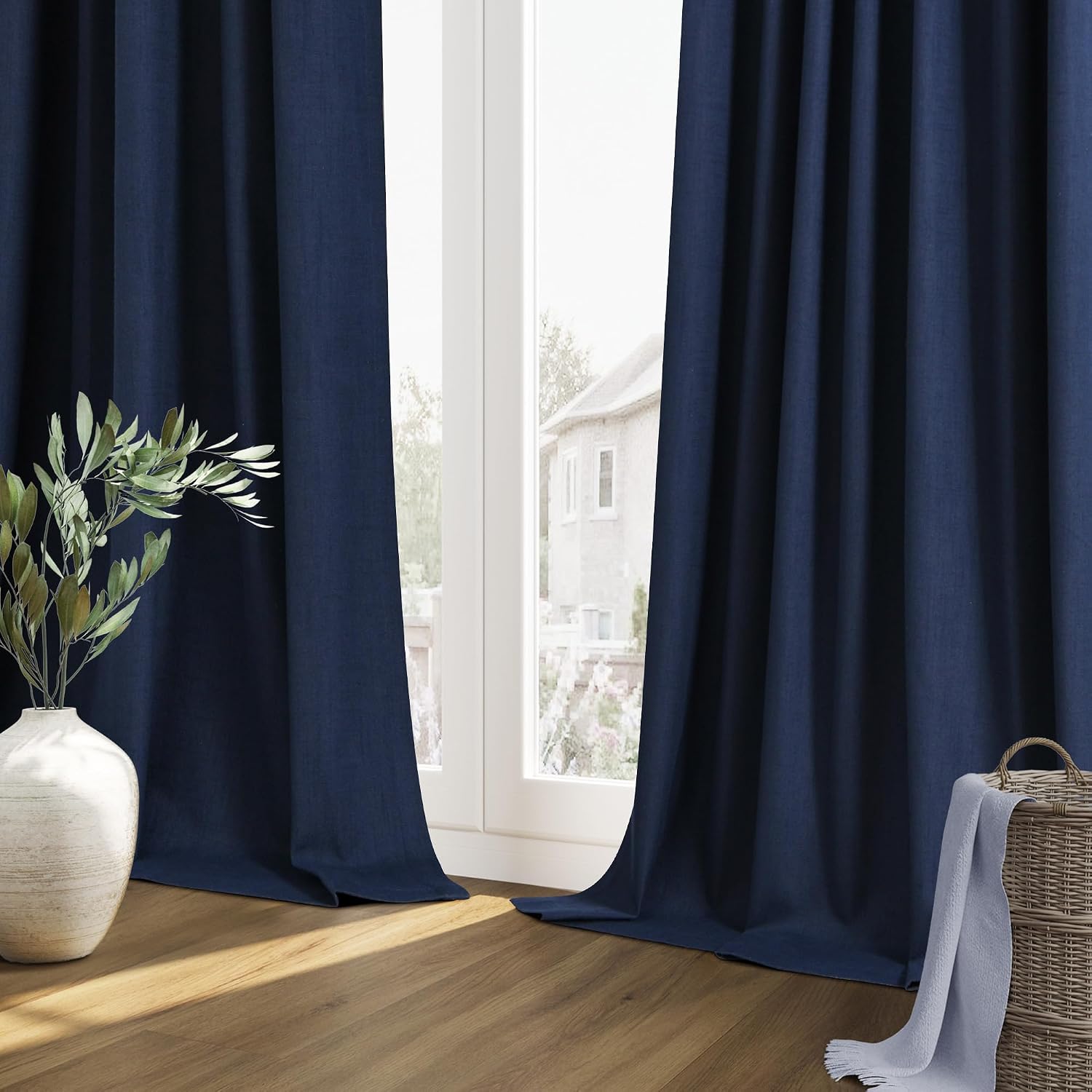 Guken Navy Blue 100% Blackout Curtains 72 Inch Length 2 Panels Set for Living Room Bedroom Back Tab Thermal Insulated Black Out Linen Drape…