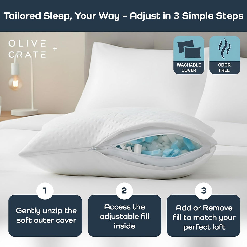 OliveCrate Olive + Crate BreathePureTM Adjustable Cooling Shredded Memory Foam Pillow - Breathable Bamboo Viscose Cover for Temperature Cont…