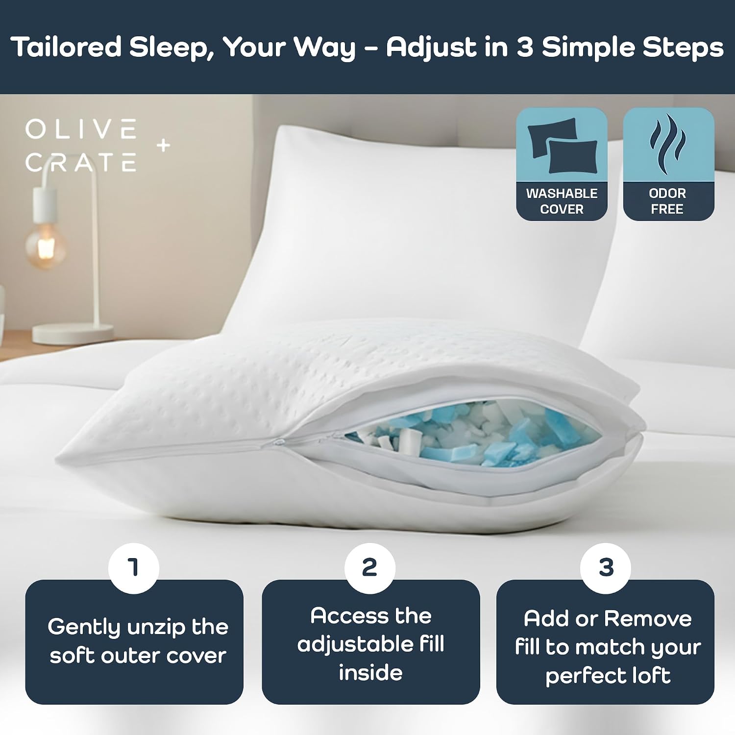 OliveCrate Olive + Crate BreathePureTM Adjustable Cooling Shredded Memory Foam Pillow - Breathable Bamboo Viscose Cover for Temperature Cont…