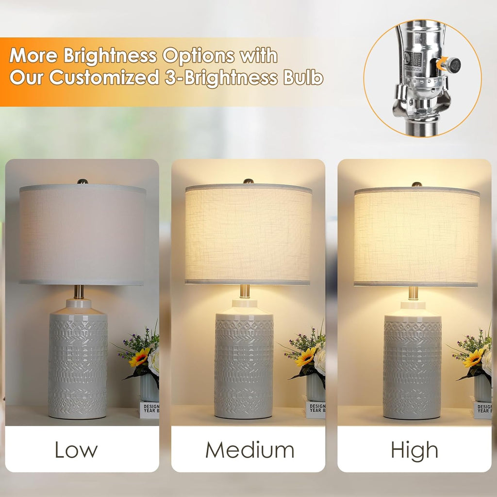 JUNNAI 24.5" White Ceramic Table Lamp 3-Way Dimmable Nightstand with White Linen Shade Bedside Lamp for Bedrooms & Living Room Office…