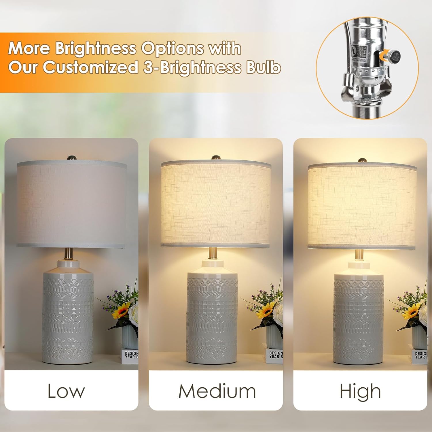 JUNNAI 24.5" White Ceramic Table Lamp 3-Way Dimmable Nightstand with White Linen Shade Bedside Lamp for Bedrooms & Living Room Office…
