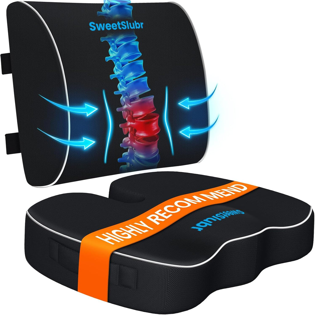 SweetSlubr SweetSlubr Ergonomic Memory Foam Seat Cushion & Lumbar Support Pillow Set, Orthopedic Coccyx Cushion for Office Chair, Ca…