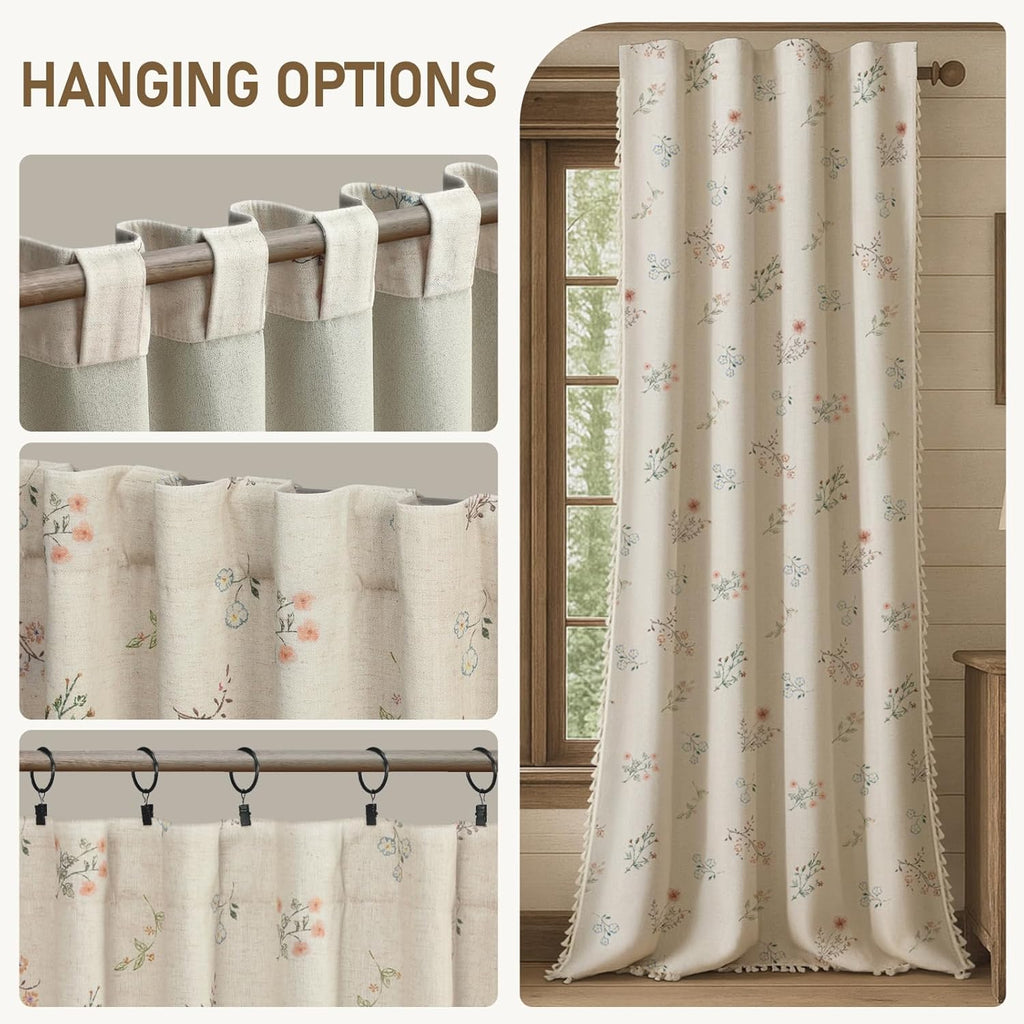 XOGUIBO Boho Floral 100% Blackout Curtains for Bedroom 84 Inch Length 2 Panels Set, Linen Texture Farmhouse Curtains Beige Tassel fo…
