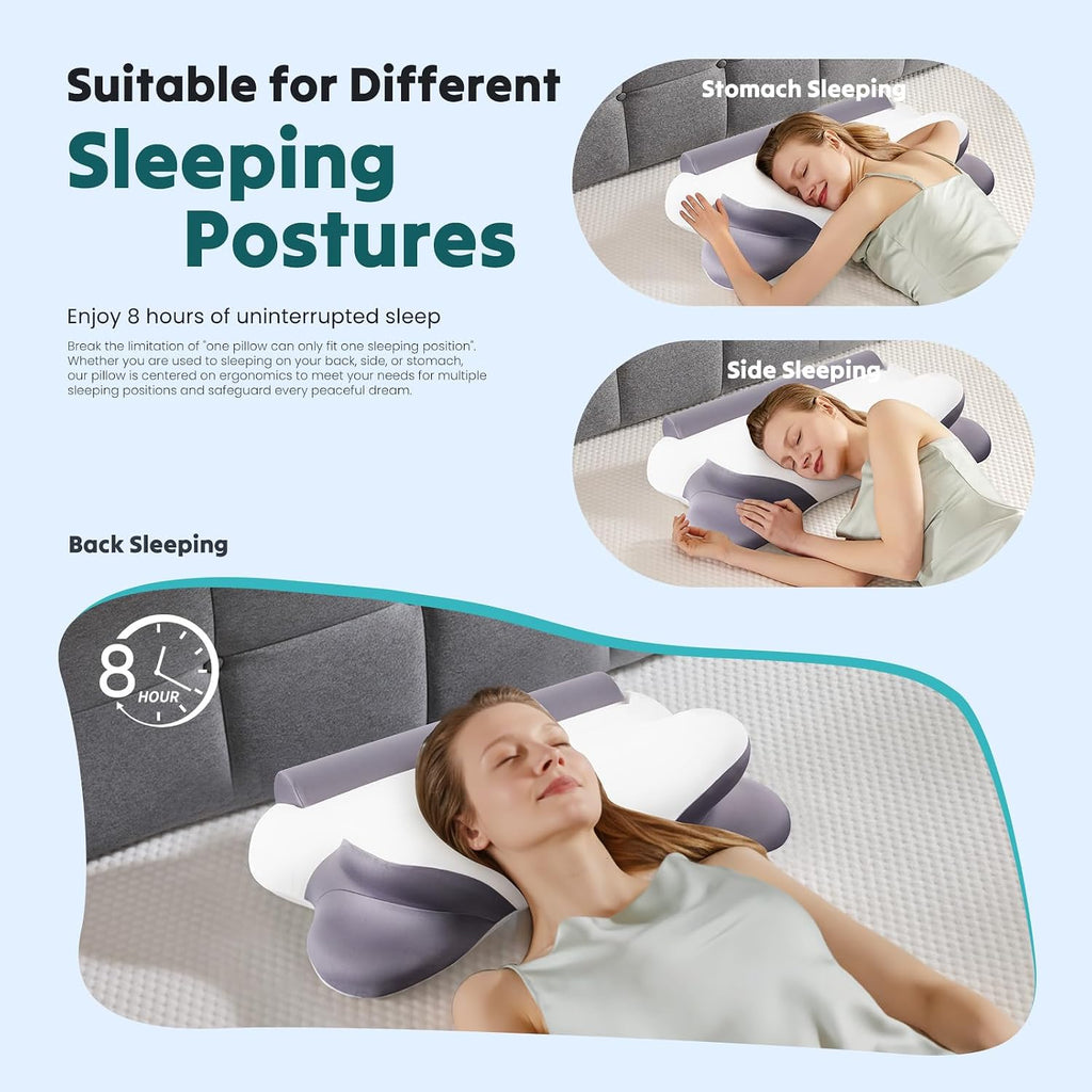 DUMOS Cervical Neck Pillow for Sleeping, Cooling Ergonomic Memory Foam Pillow with Arm Rest Slot and Ice Silk Pillowcase, Dual Height…