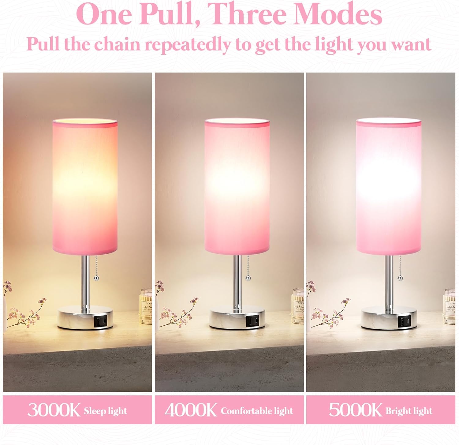 Dicoool Small Bedside Table Lamp for Bedroom, Pink Nightstand Lamp for Girls Kids, 3 Color Temperatures & USB Charging Port, Cute Desk…