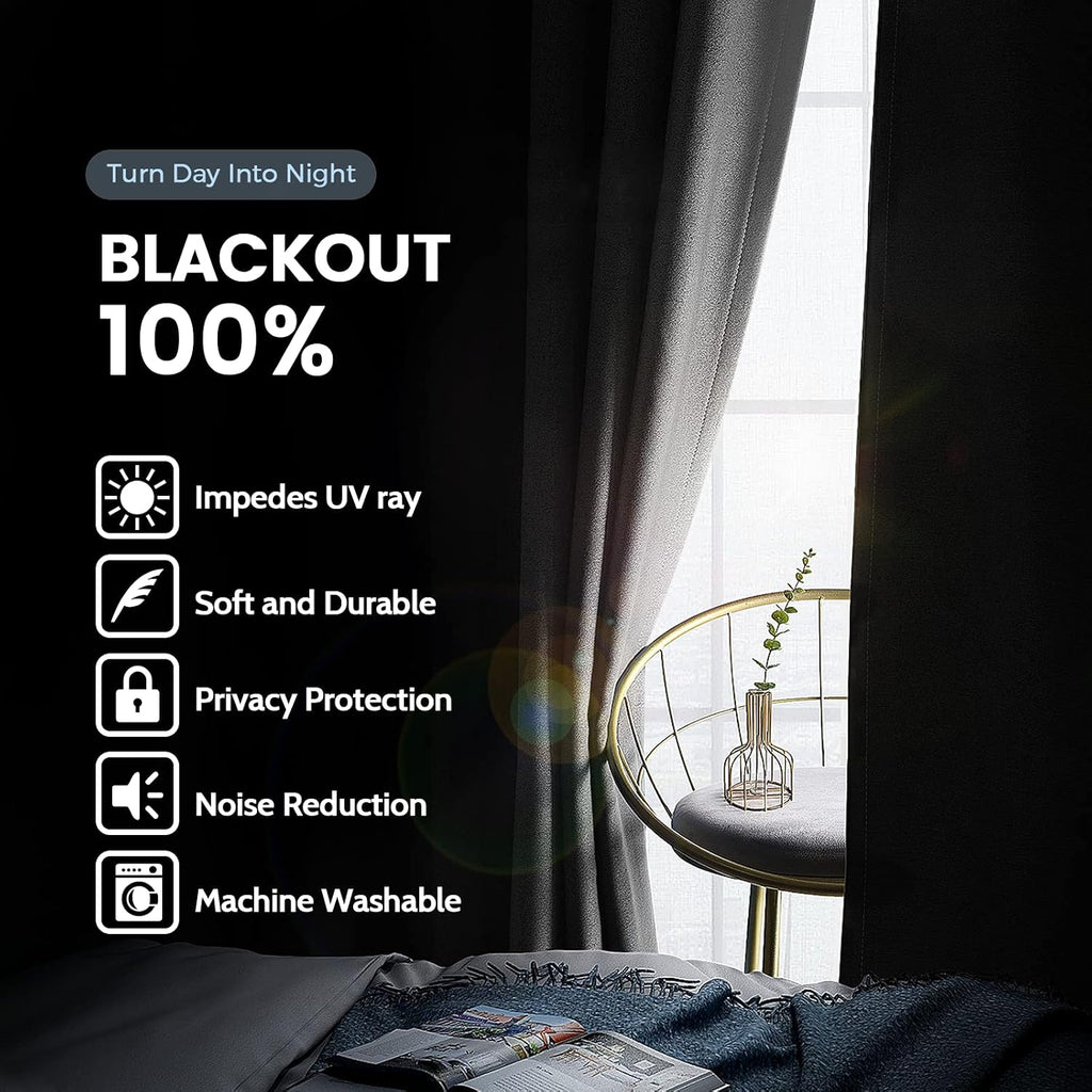 SimpleHome 100% Blackout Curtains for Bedroom, Thermal Insulated Grommet Window Drapes Room Darkening Grey Curtains for Living Room with Bla…