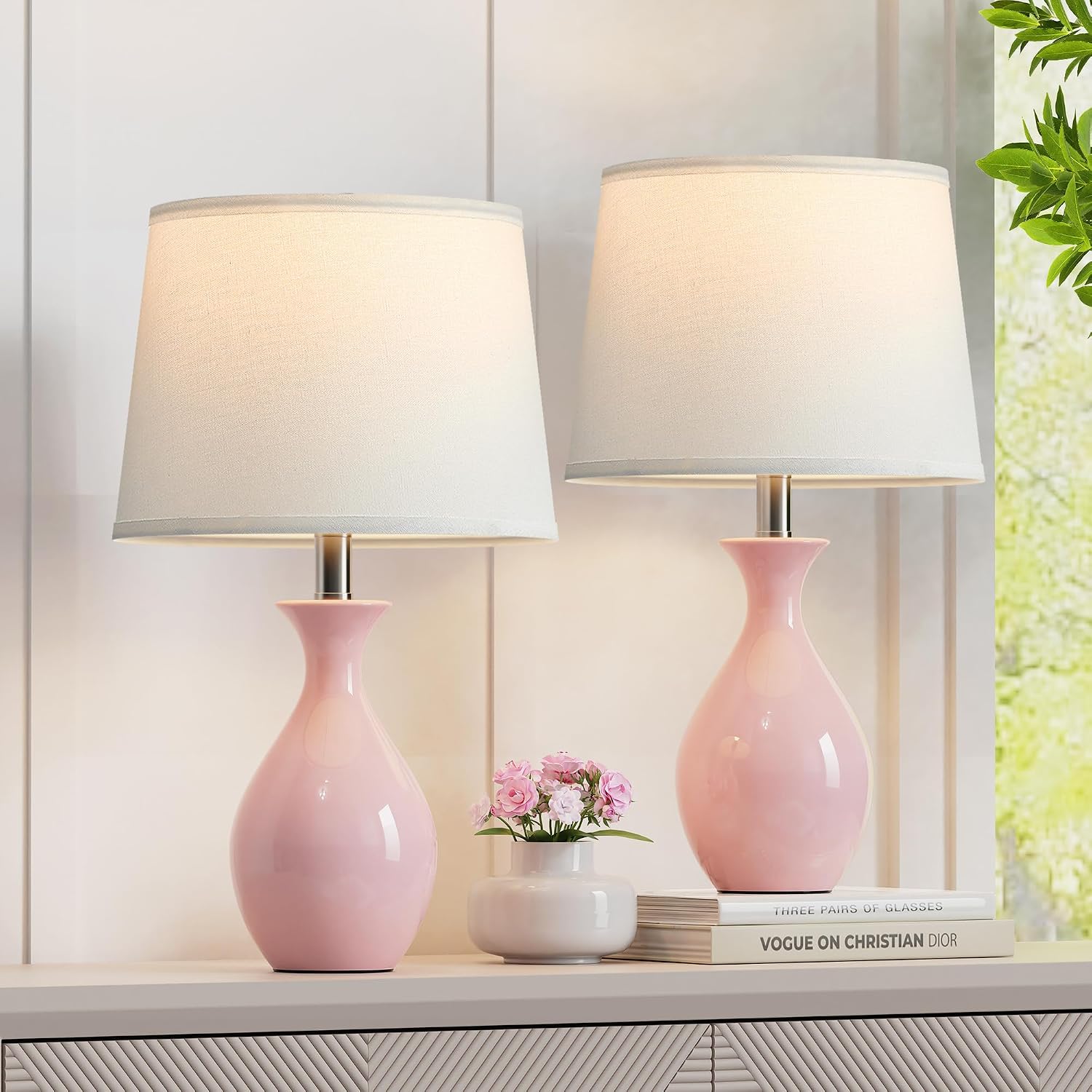 PARTPHONER Table Lamp Set of 2, Modern Ceramic Bedside Lamps for Night Stands, Classic Small Lamp Nightstand Lamp for Bedroom Living Room…