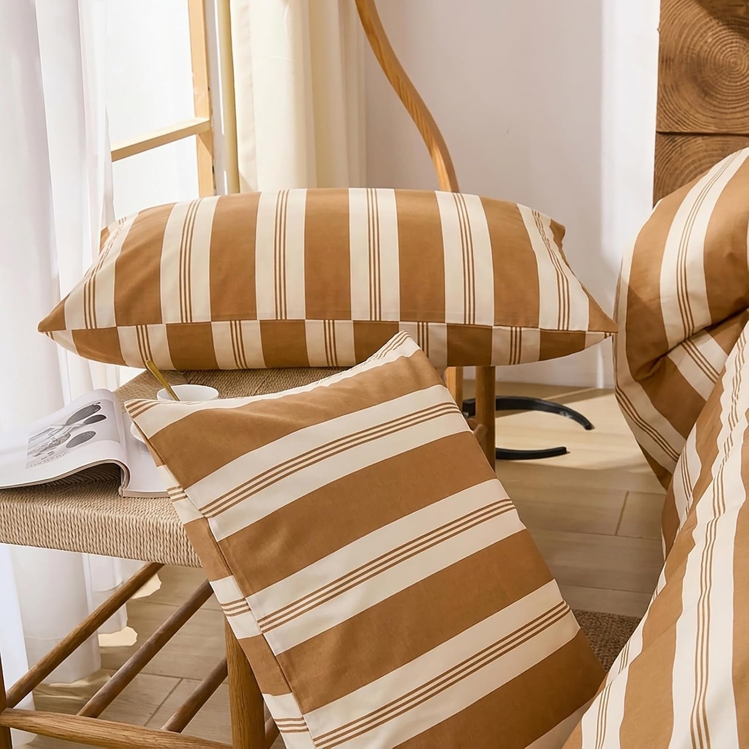 Merryword Khaki Striped Pillowcases, 100% Cotton Pillow Cases, Queen Size Pillowcases, Luxury Linen Like Pillowcase, Soft Breathable Stripe…