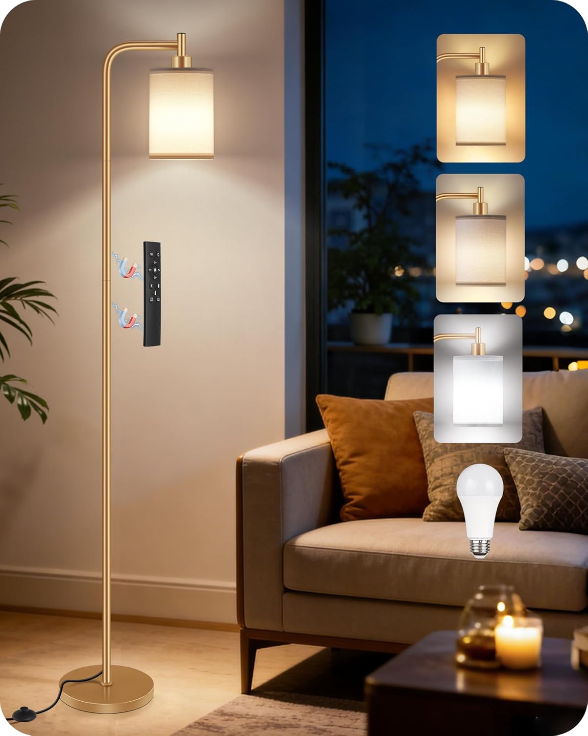 Dimmable Floor Lamp for Living Room with Remote and Foot Switch, Modern Standing, Corner Lamp,10W Bulb 3 Color Temperatures, for Bedroom…