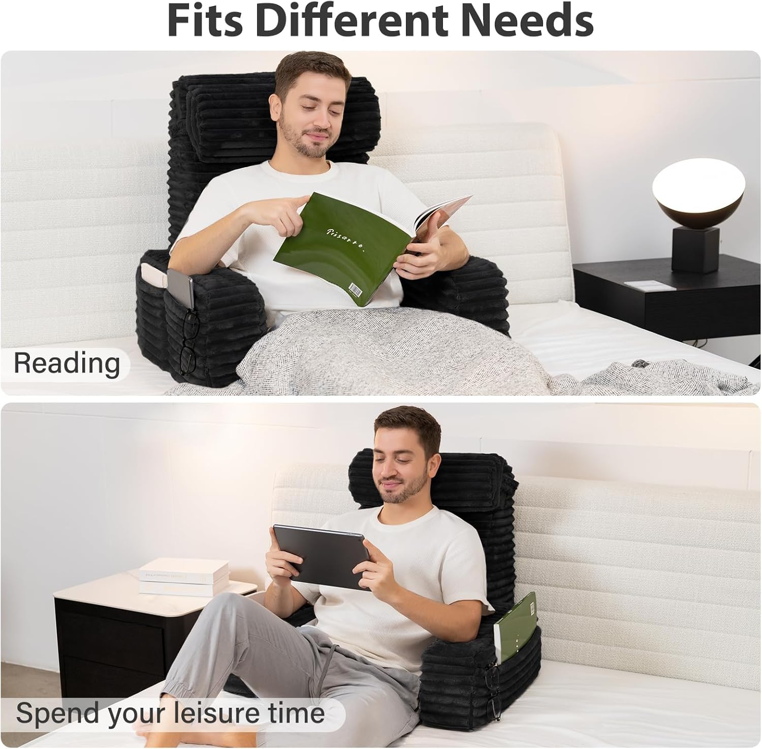 ENITYA Reading Pillow for Bed Sitting Up, 24” XXL Back Support Pillow with Arms & Large Pockets, Adult Backrest for Reading, TV, Gaming…