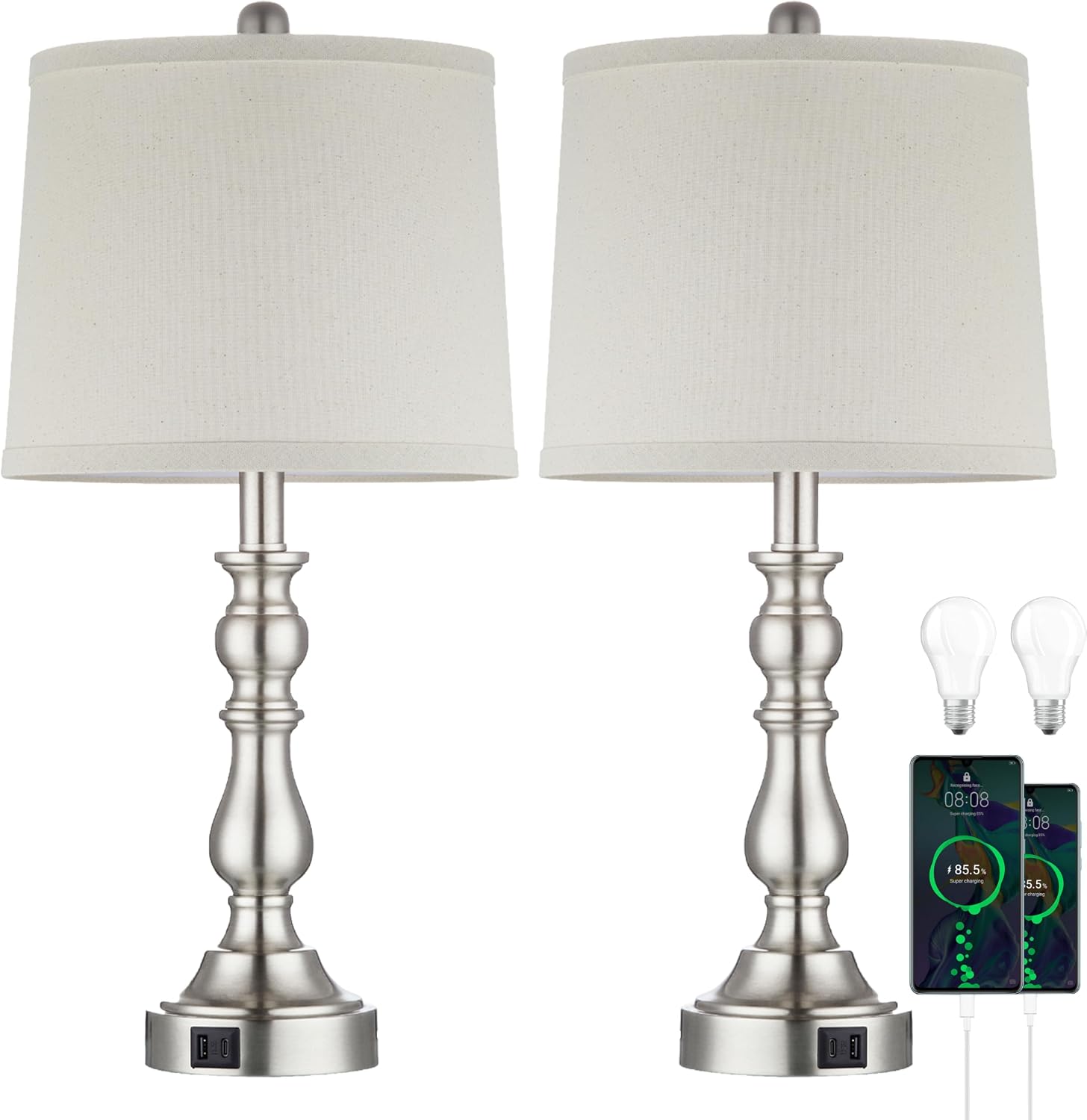 Farmhouse Side Table Lamps for Living Room Set of 2 with USB C+A Ports, Bedside Lamp for Bedroom, Dining Room Decor, Office, End Table…