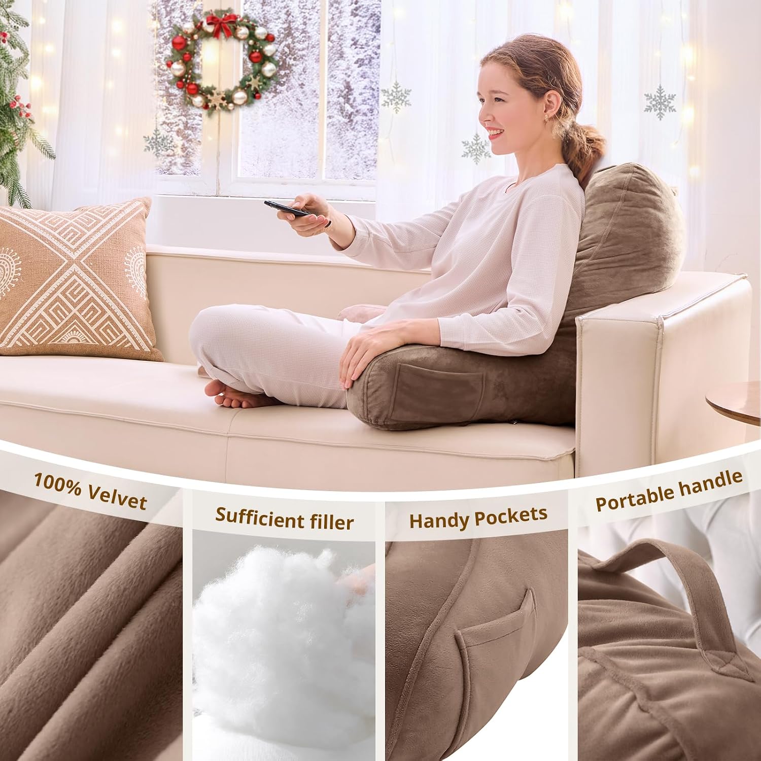 Sasttie Reading Pillow, Pillows for Reading or Relaxing – Ergonomic Support for Head, Neck, Back, and Lumbar, 21-Inch, Khaki