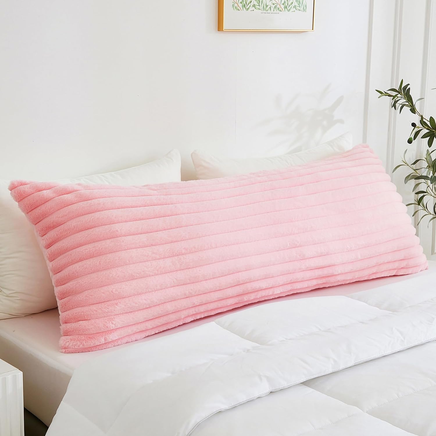 Memfydu Full Body Pillow with Fluffy Stripe Faux Fur Removable Cover, Long Bed Pillow Adult 20x54 Inches for Side Sleeper and Pregnancy, Pi…