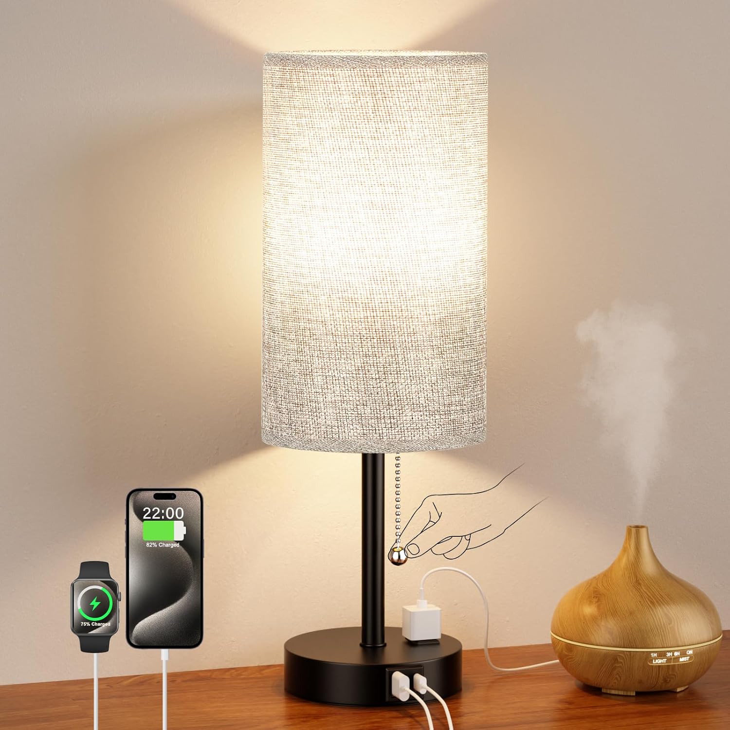 17.4Inches Grey Bedside Lamp for Bedroom Nightstand - Tall Table Lamp with USB A + C Charging Port & AC Outlet, 3 Color Temperatures Pull…