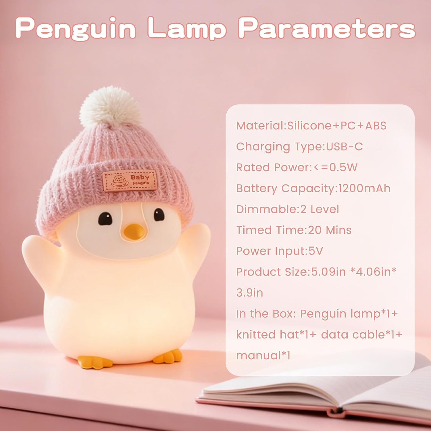 FAMIDUO-BrightenYourLife FAMIDUO Penguin Night Light, Cute Pink Penguin Lamp with Knit Hat, Soft Silicone Nursery Nightlight for Baby, Rech…