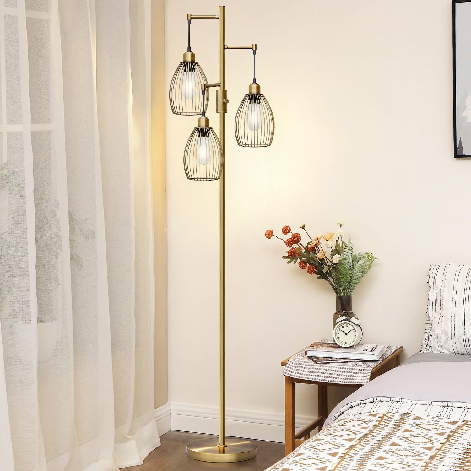 Dimmable Floor Lamp, 3 x 800LM LED Edison Bulbs Included, Farmhouse Industrial Floor Lamp Standing Tree Lamp with Elegant Teardrop Cage…
