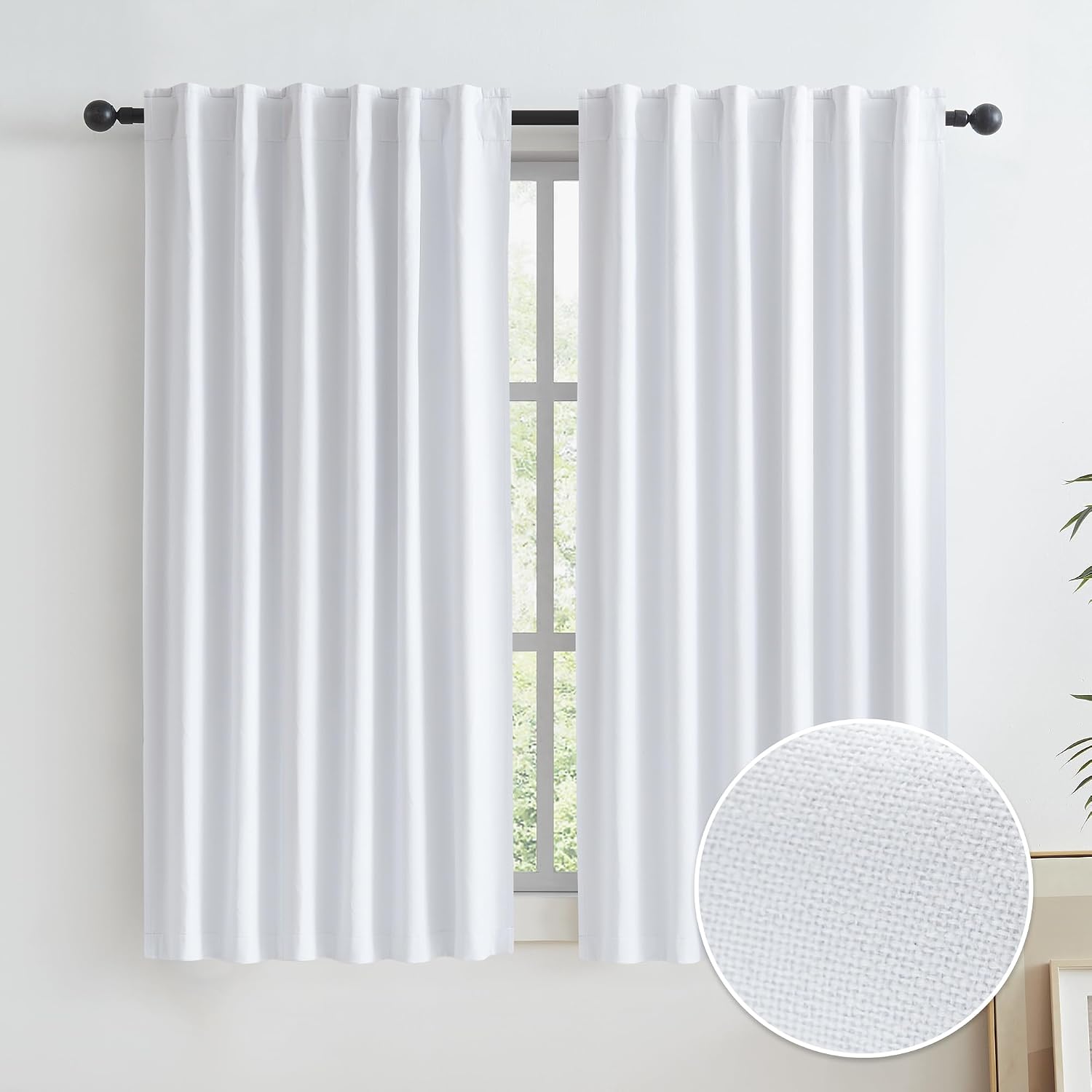 Keqiaosuocai 100% Blackout Linen Curtains Back Tab Rod Pocket Bedroom Curtains 63 Inch Length Flax Burlap Textured Farmhouse Style Noise Re…