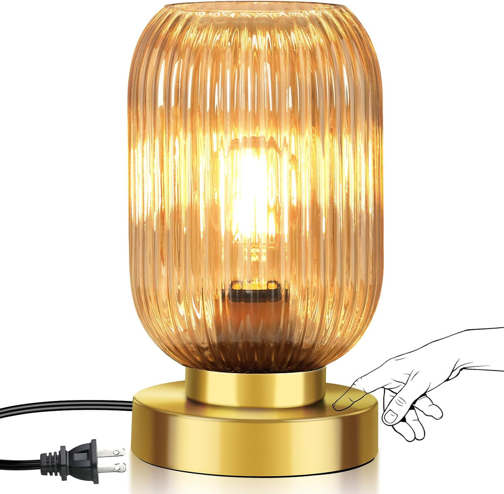 Mid Century Modern Table Lamp with Amber Ribbed Glass Shade, Touch Control & 3 Way Dimmable, Small Gold, Vintage Bedside Lamp for Bedroom…