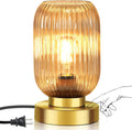 Mid Century Modern Table Lamp with Amber Ribbed Glass Shade, Touch Control & 3 Way Dimmable, Small Gold, Vintage Bedside Lamp for Bedroom…