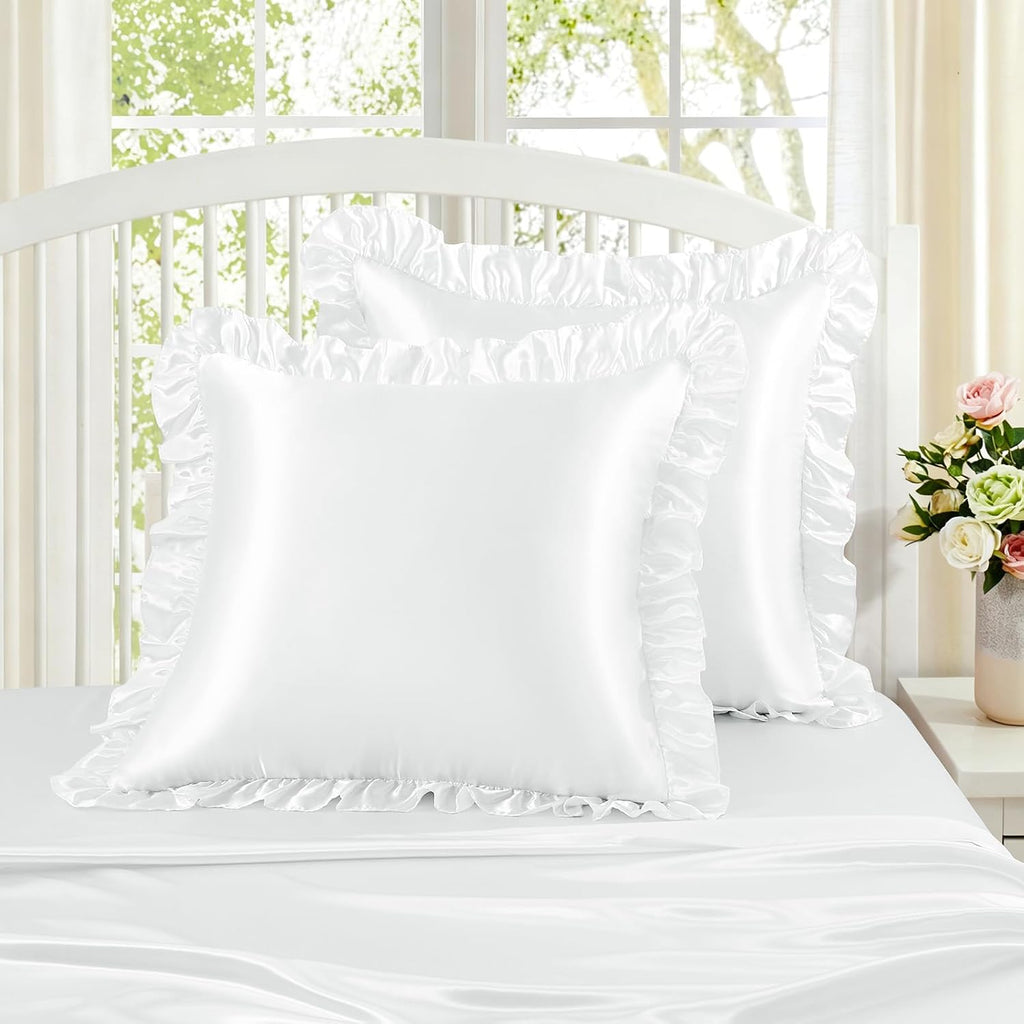 Homiest Ruffle Euro Sham Covers 26x26 Inch Set of 2, White Satin Pillow Shams with 3 Inch Wide Decorative Ruffled, European Square Satin…