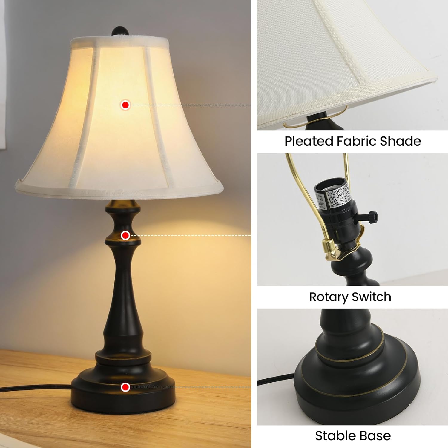 Traditional Table Lamp, Vintage Desk Lamp for Living Room with Fabric Shade, Farmhouse Bedside Lamp Black Finish for Bedroom Nightstand…