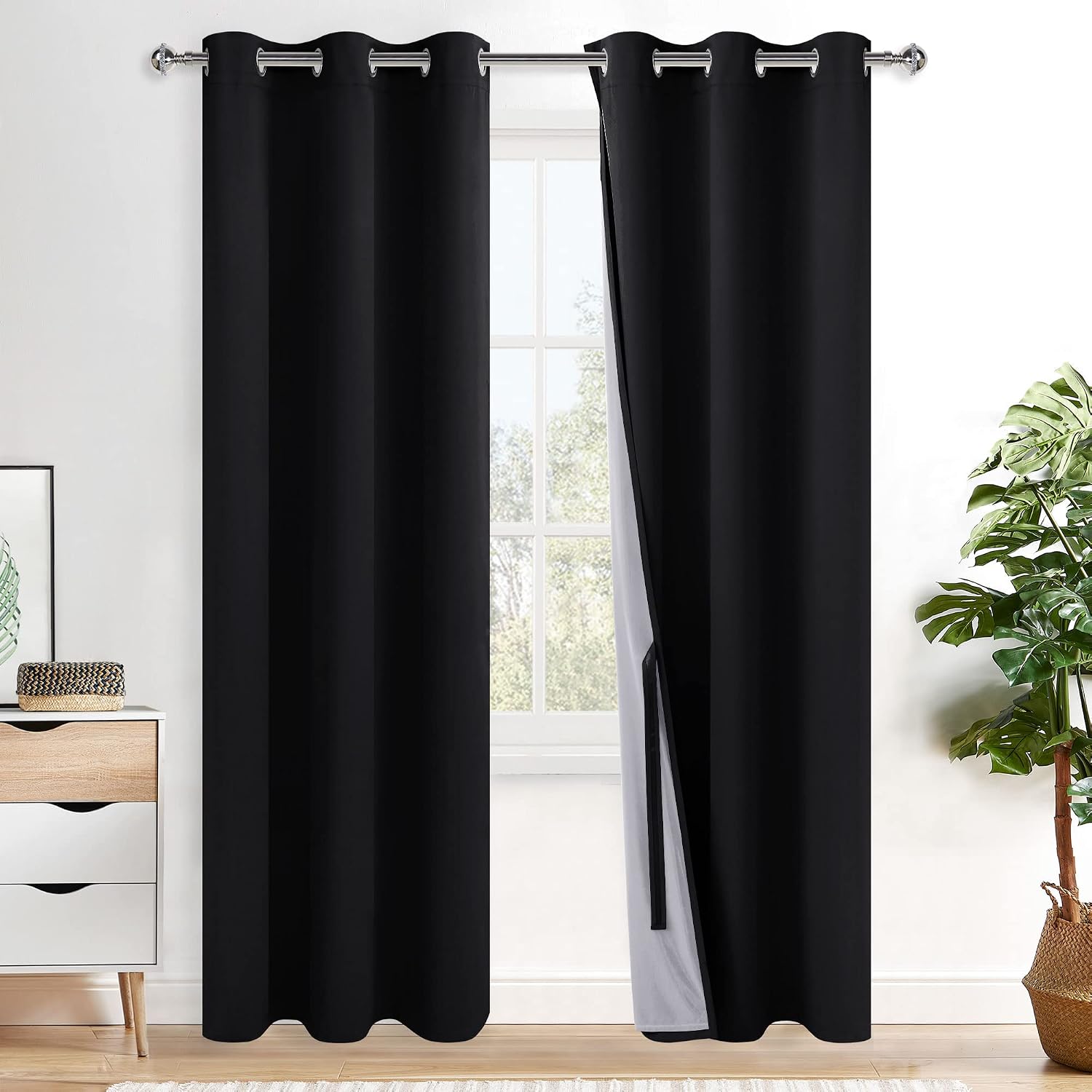 Xwzo 100% Blackout Curtains 84 Inches Long with Tiebacks- Privacy Protection, Energy Efficiency Window Draperies Grommet Top with Black Lin…
