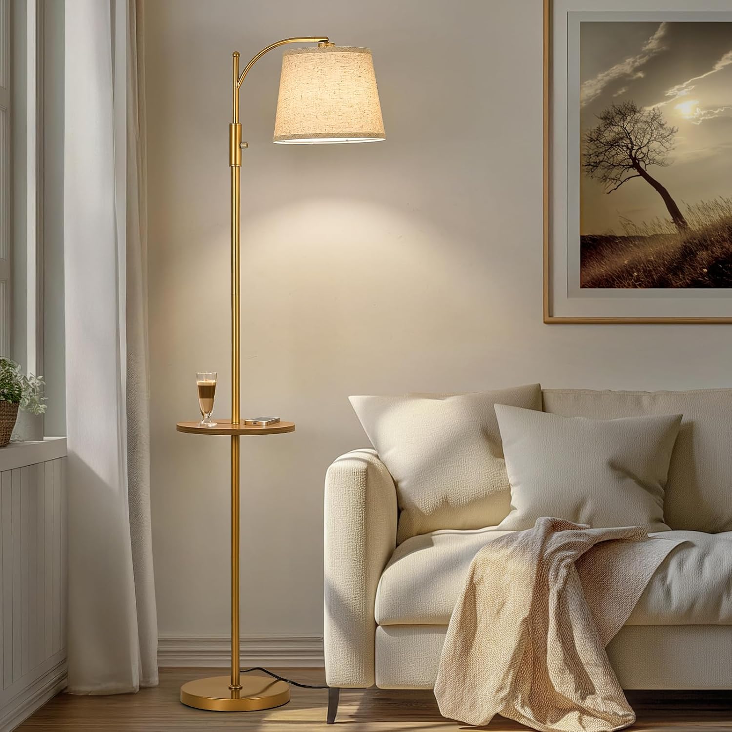 AIDENOEY Fully Dimmable Floor Lamp for Living Room, Standing Lamp Rotary Switch with Table&Linen Beige Shade, Golden Tall Lamps for Bedroom…